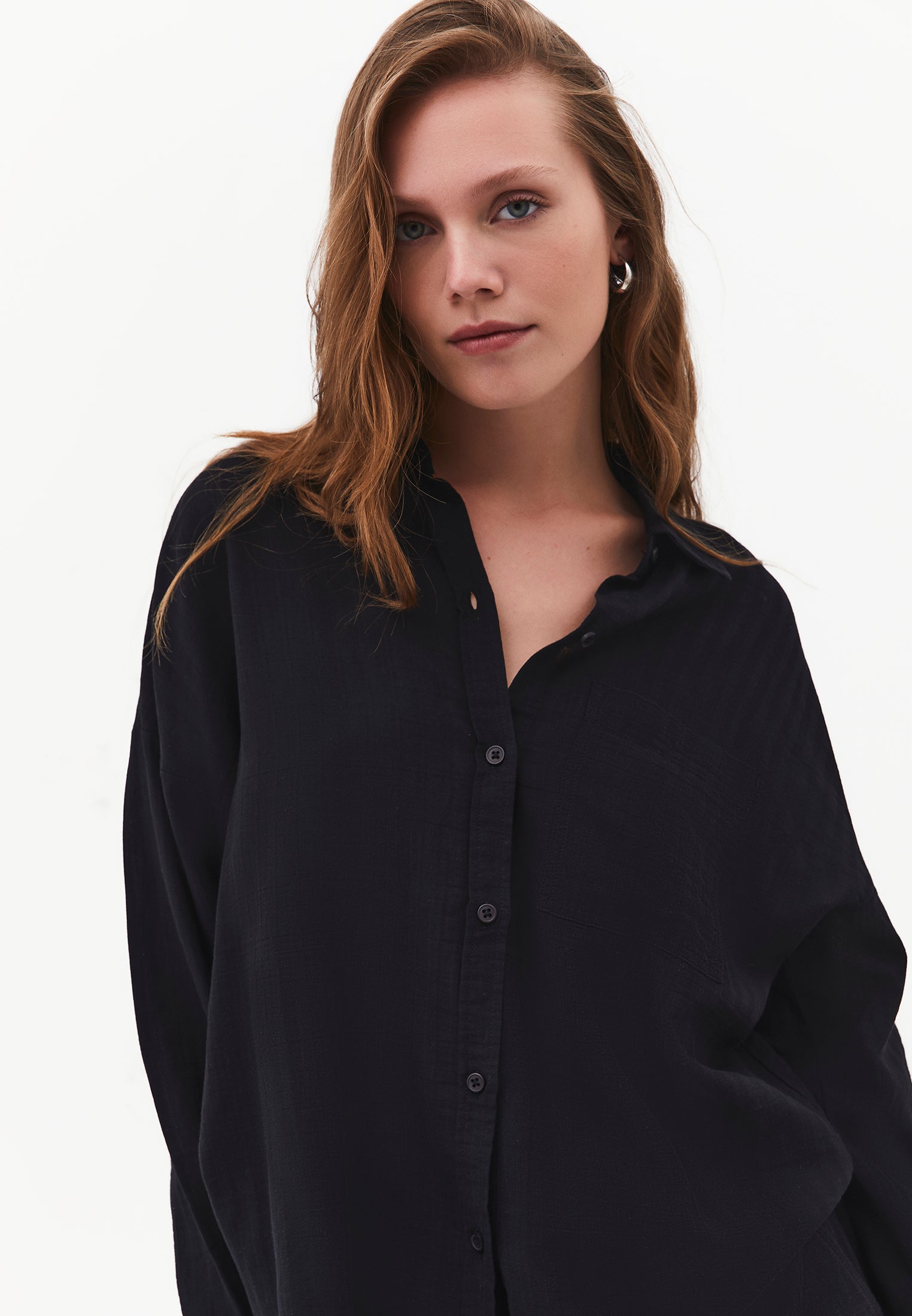 Long Sleeve Oversized Woven Shirt - BLACK