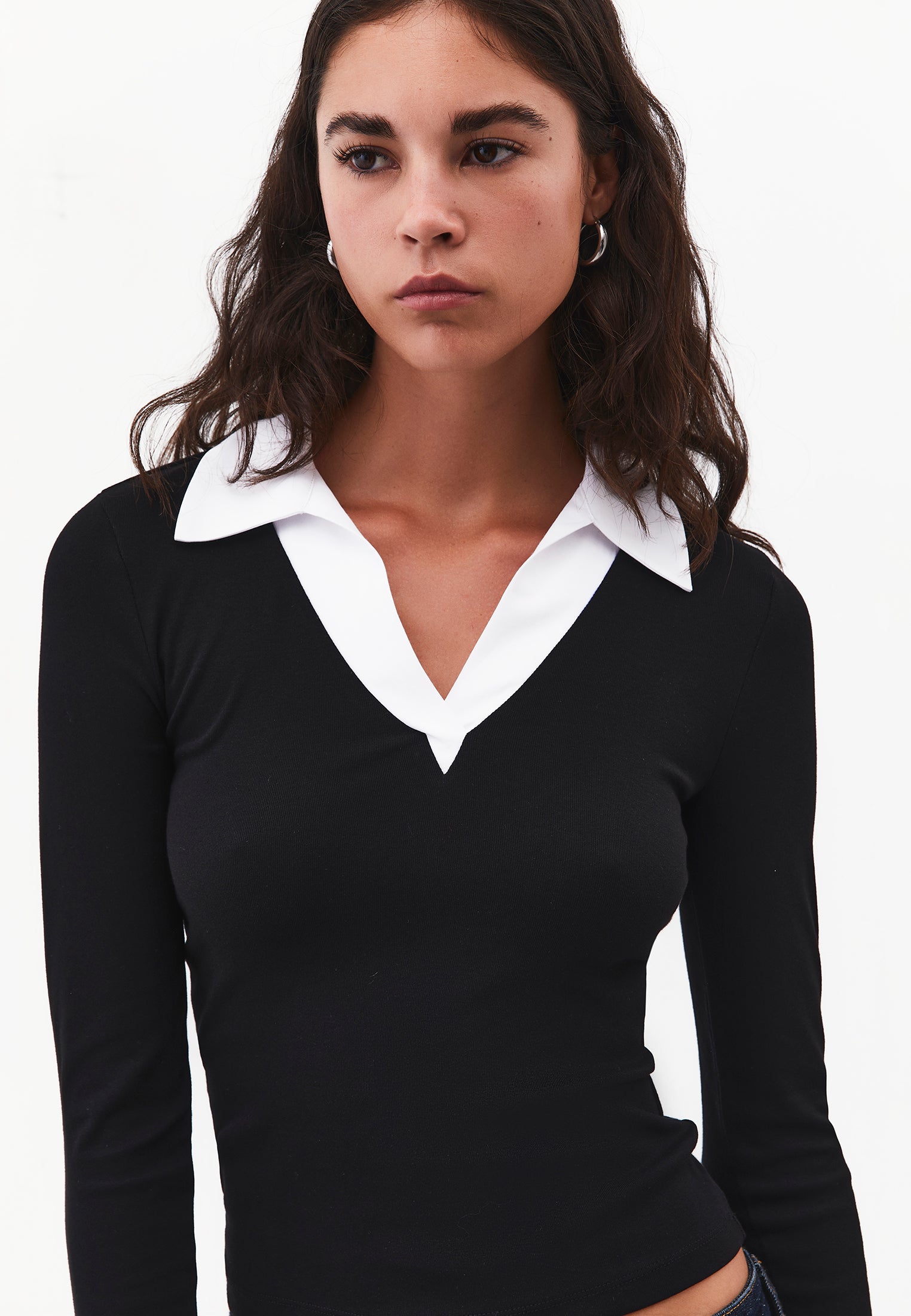Polo Neck Long Sleeve Bodycon T-Shirt - BLACK
