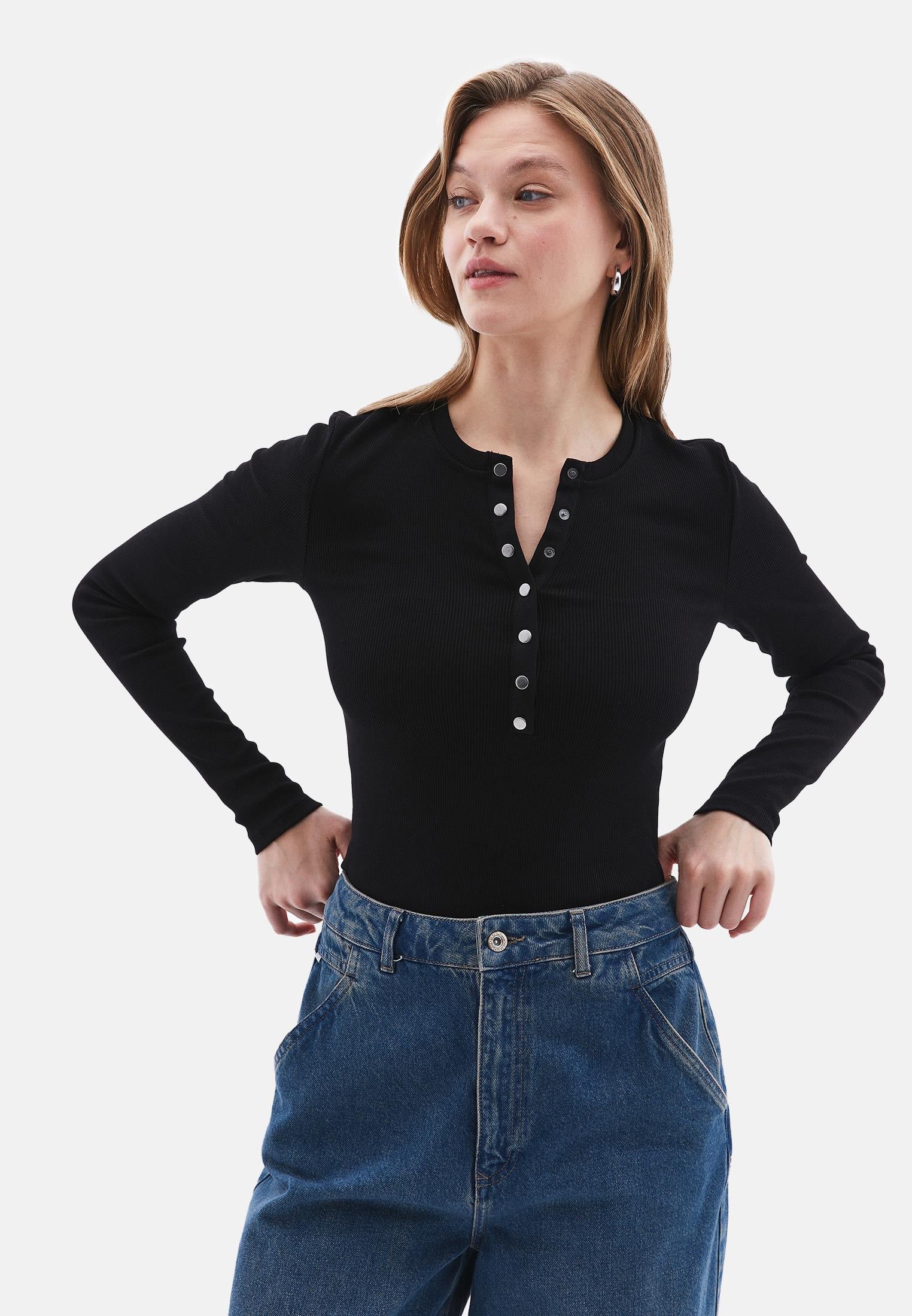 Ribbed Fabric Long Sleeve T-Shirt Crew Neck - BLACK