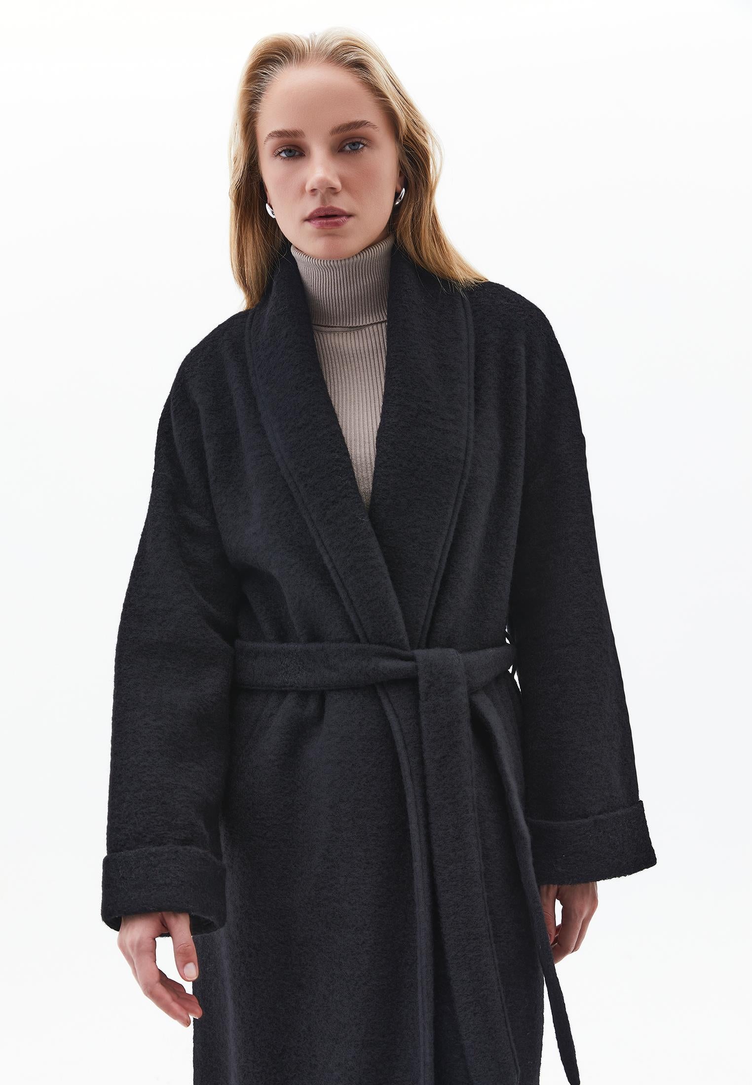 Long Coat With Shawl Collar And Belt Detail - BLACK