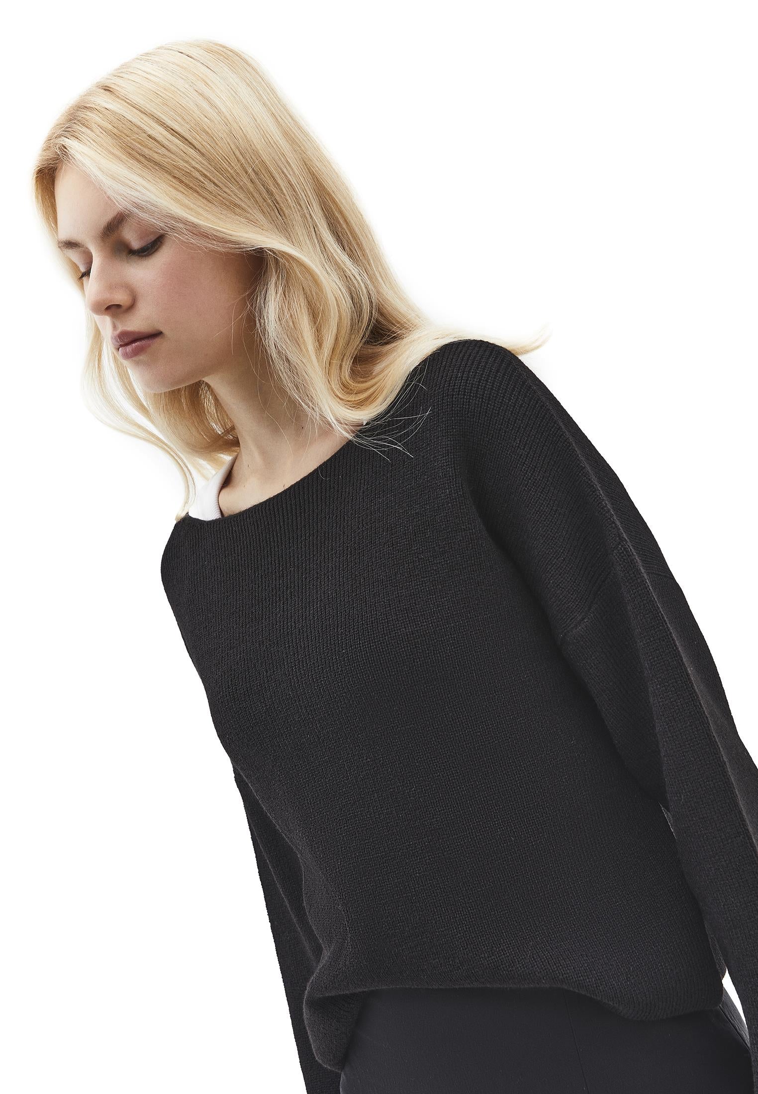 Boat Neck Long Sleeve Sweater - BLACK