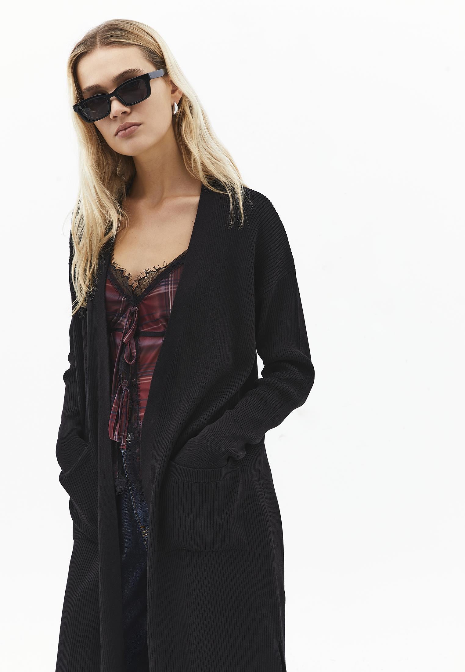 Ribbed Long Sleeve Cardigan - BLACK