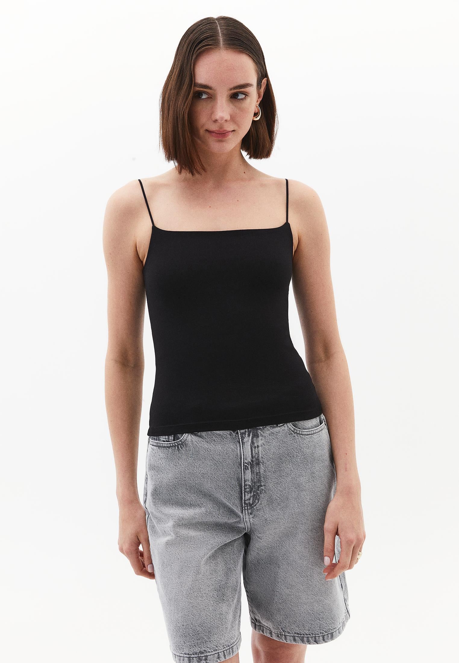 Wide Neck Strappy Tank Top - BLACK