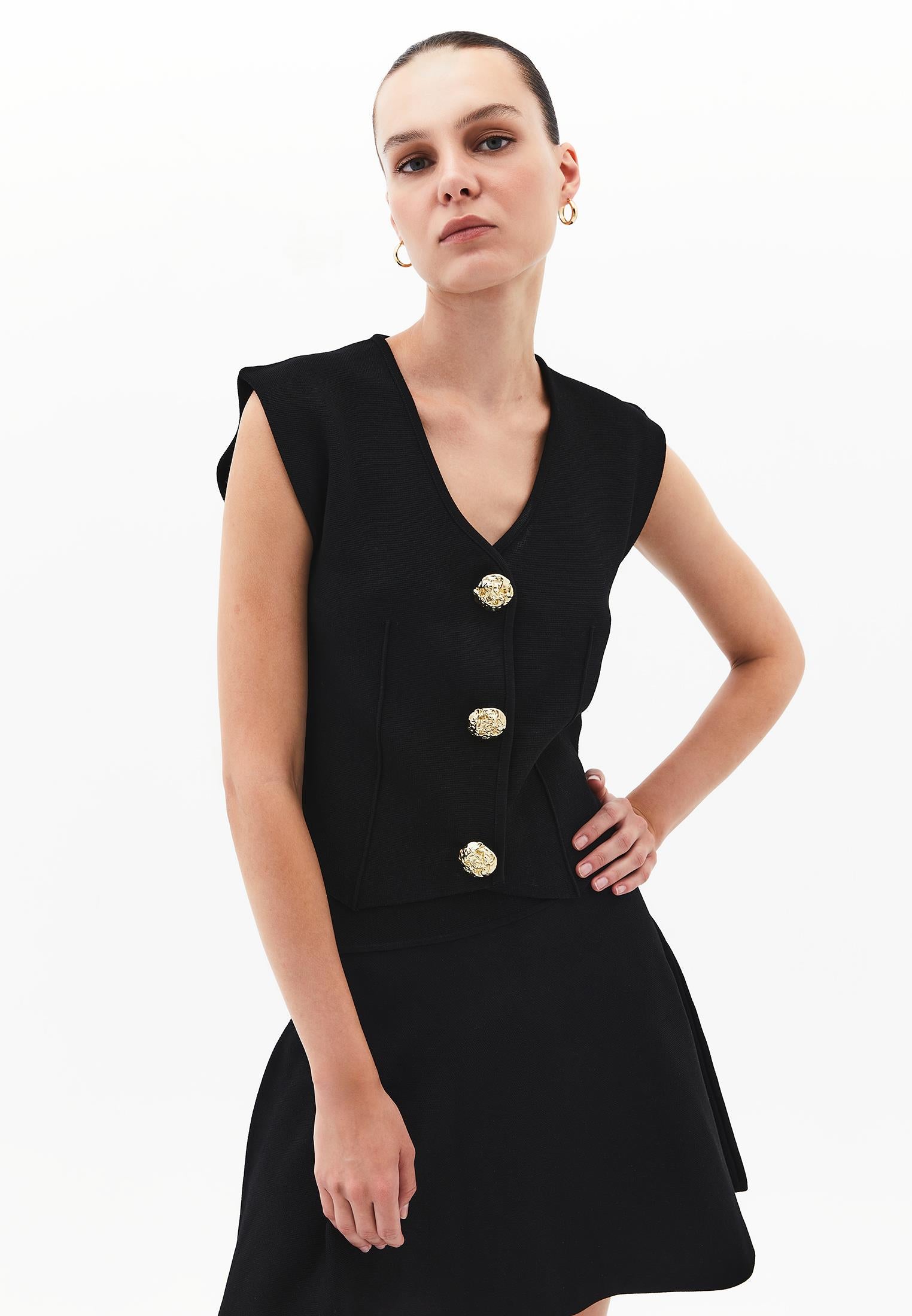 Midi Relaxed Fit Button Detailed Vest - BLACK