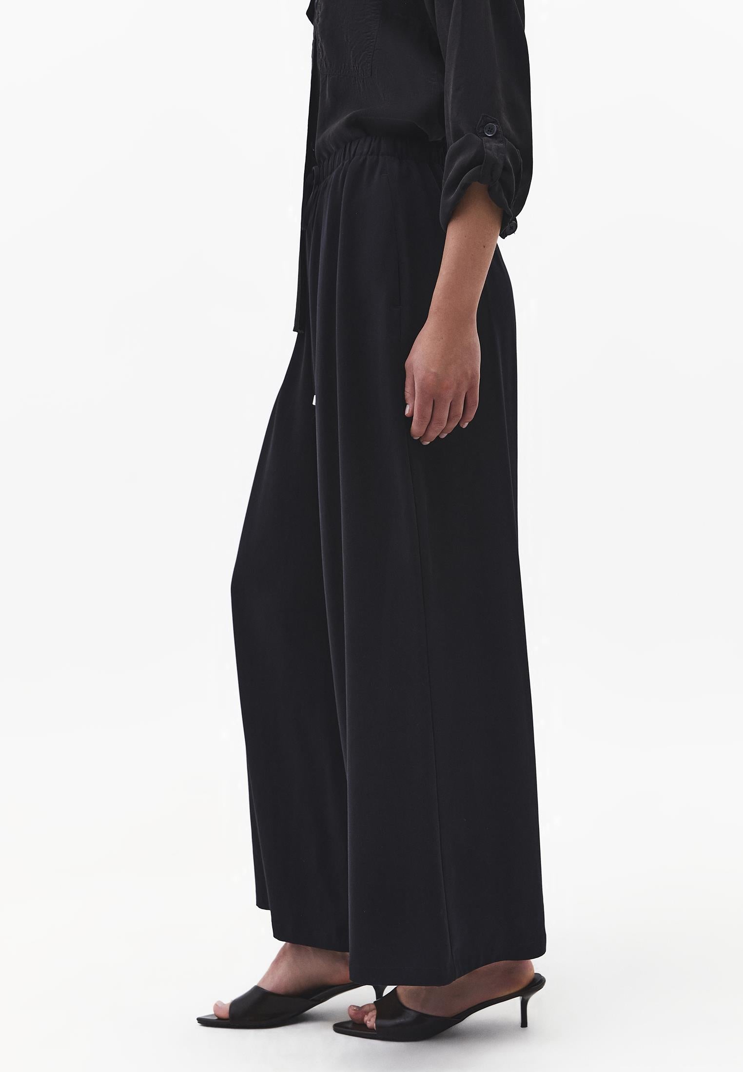Wide Leg High Waist Elastic Pants - BLACK