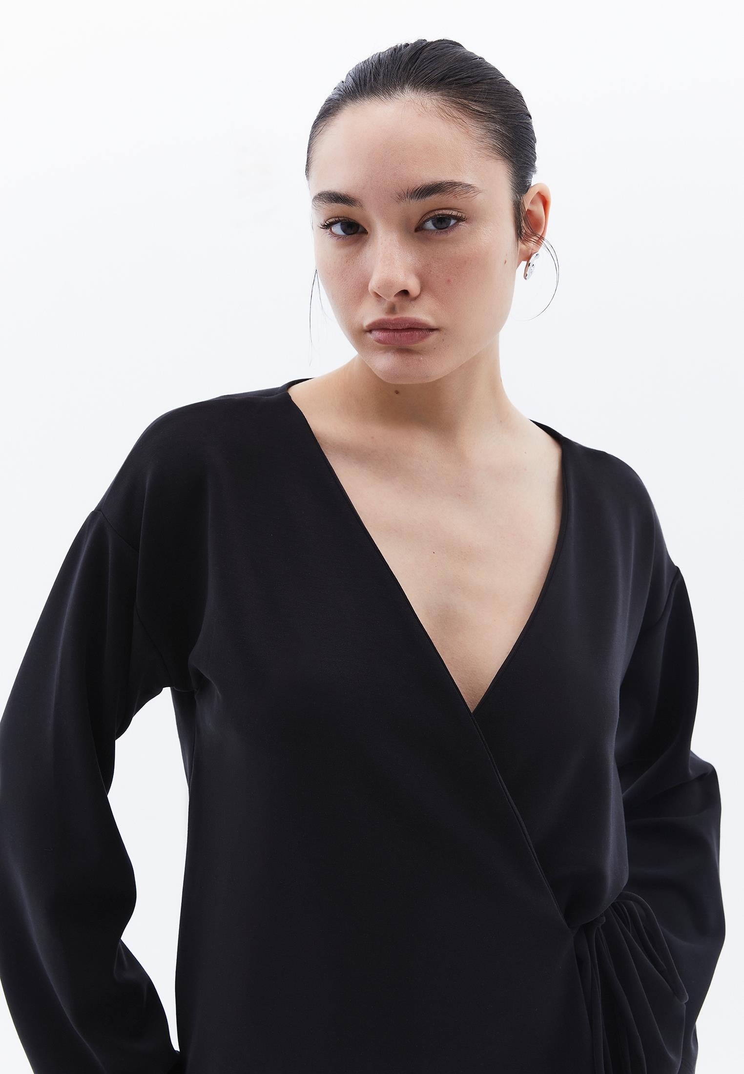 Long Cardigan With Wrap Neckline - BLACK