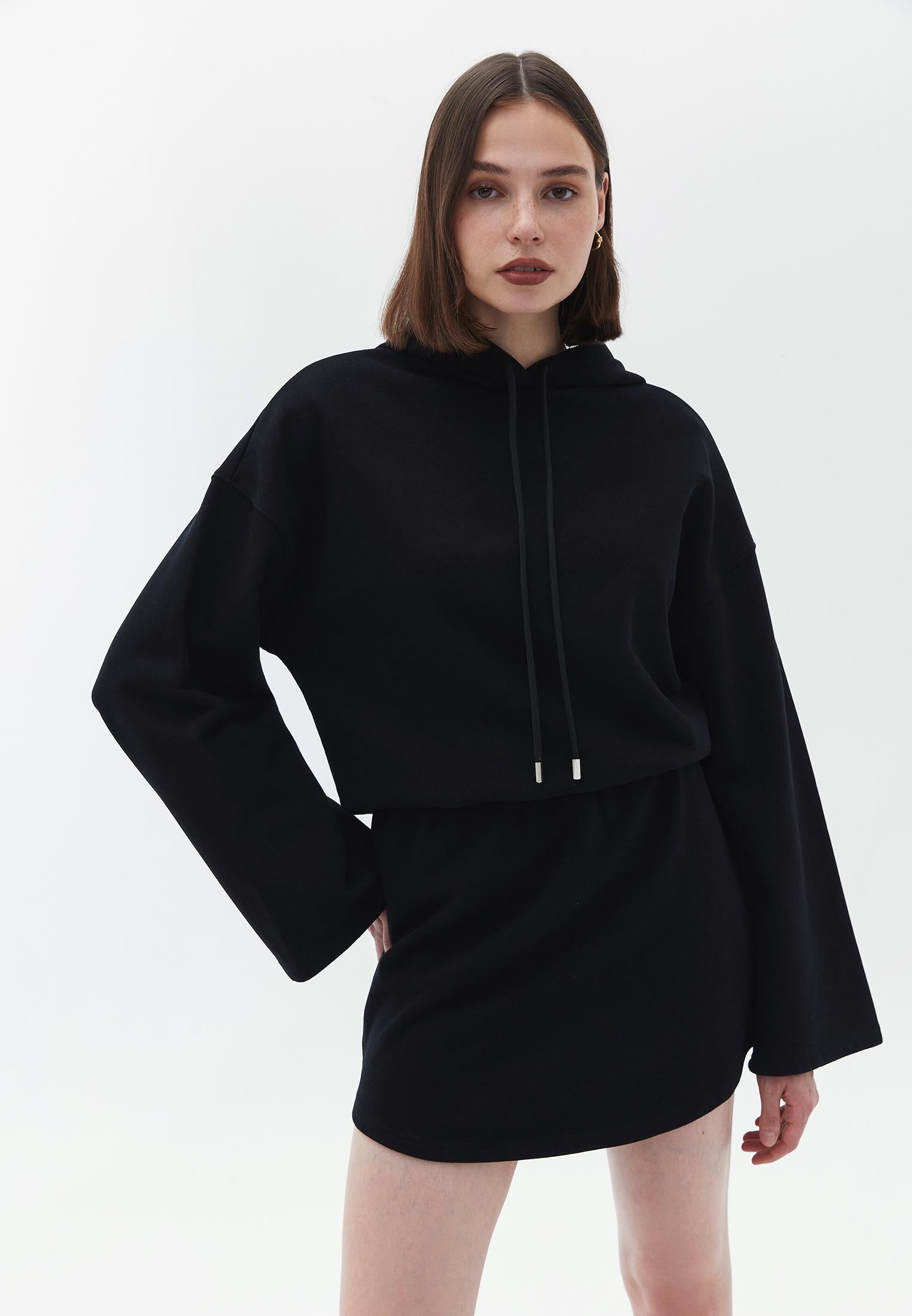 Short Hoodie Long Sleeve Dress - BLACK