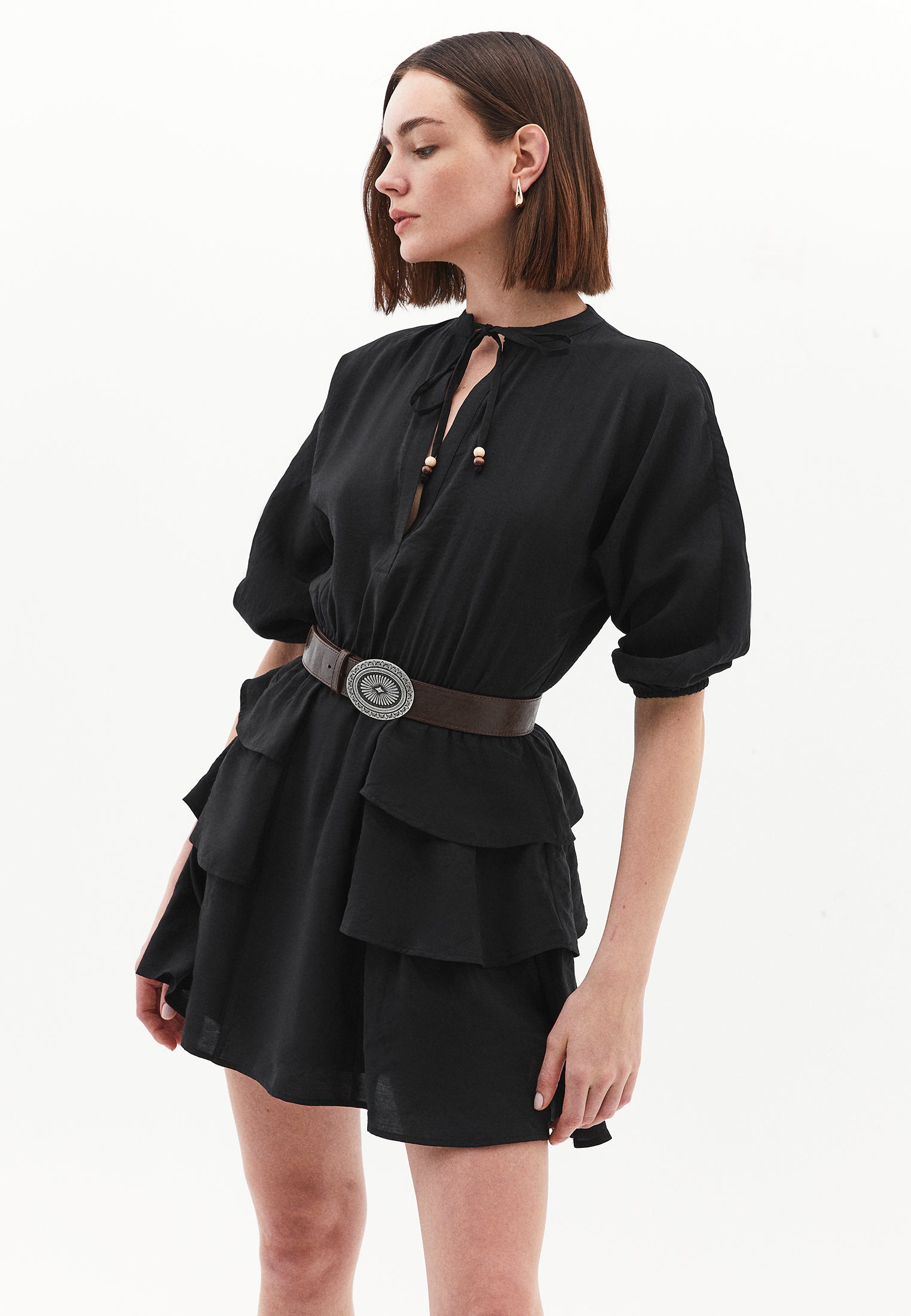 Draped V Neck Dress - BLACK