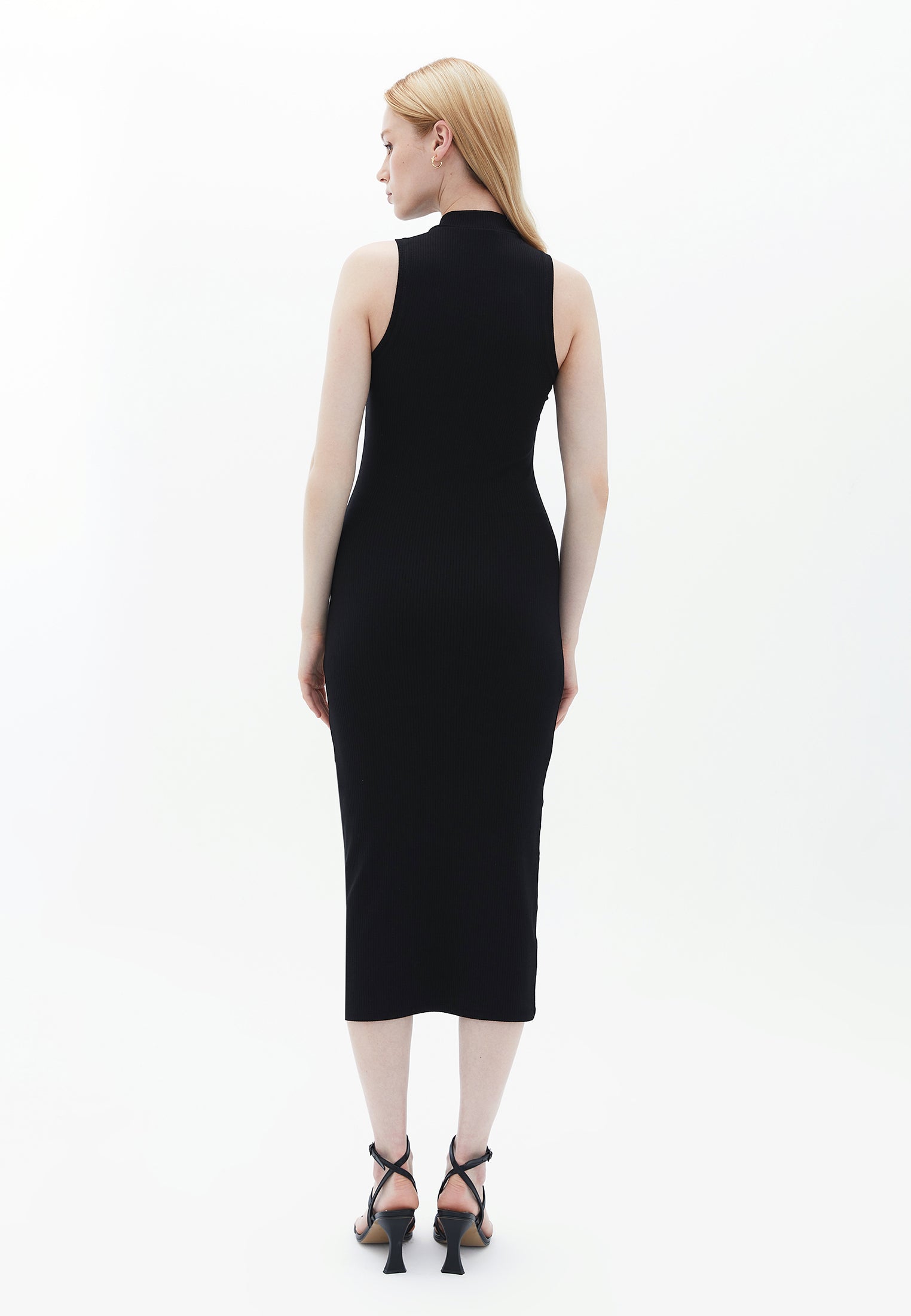 High Neck Sleeveless Bodycon Midi Dress - BLACK
