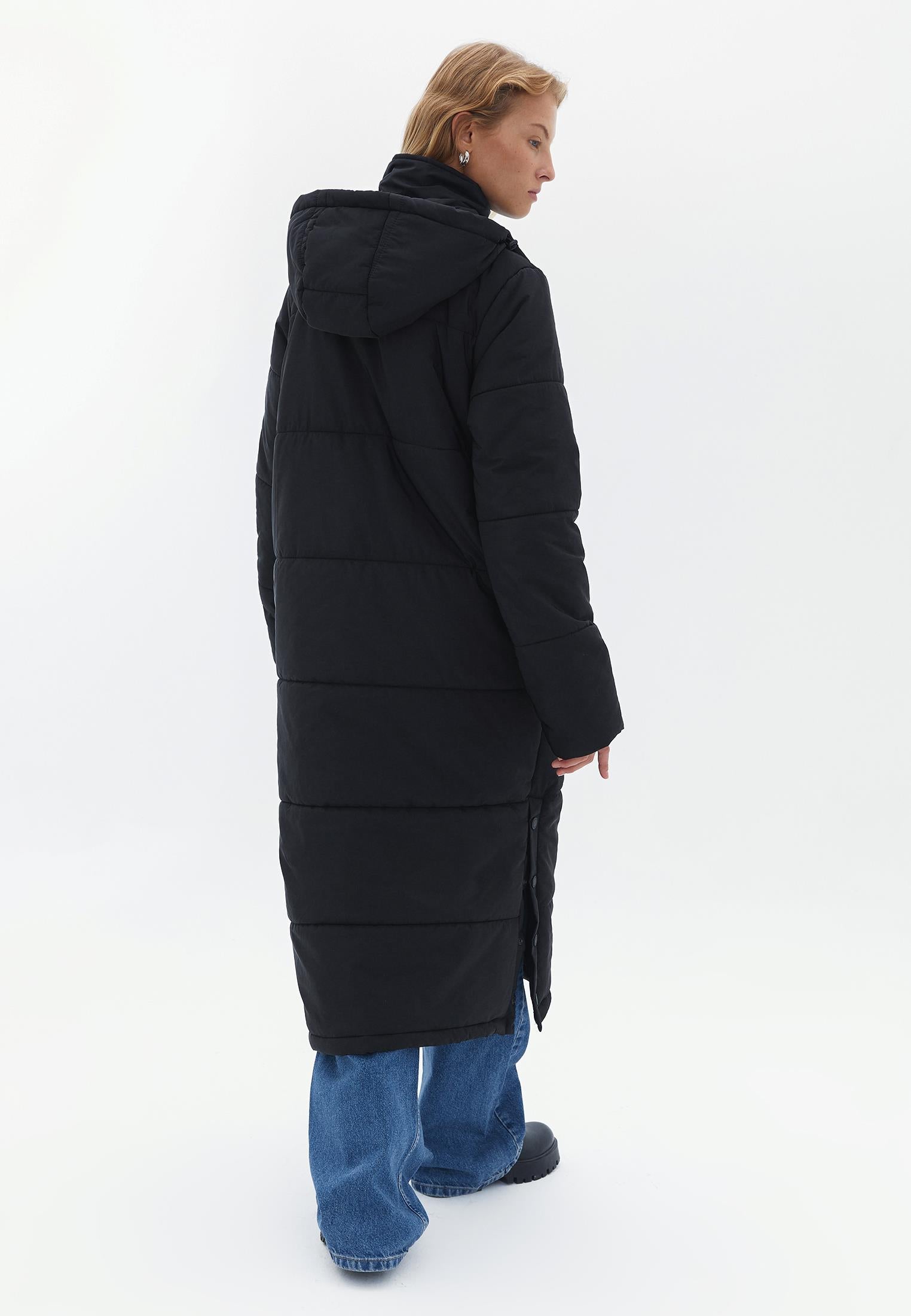 Long Loose Fit Buttoned Coat - BLACK