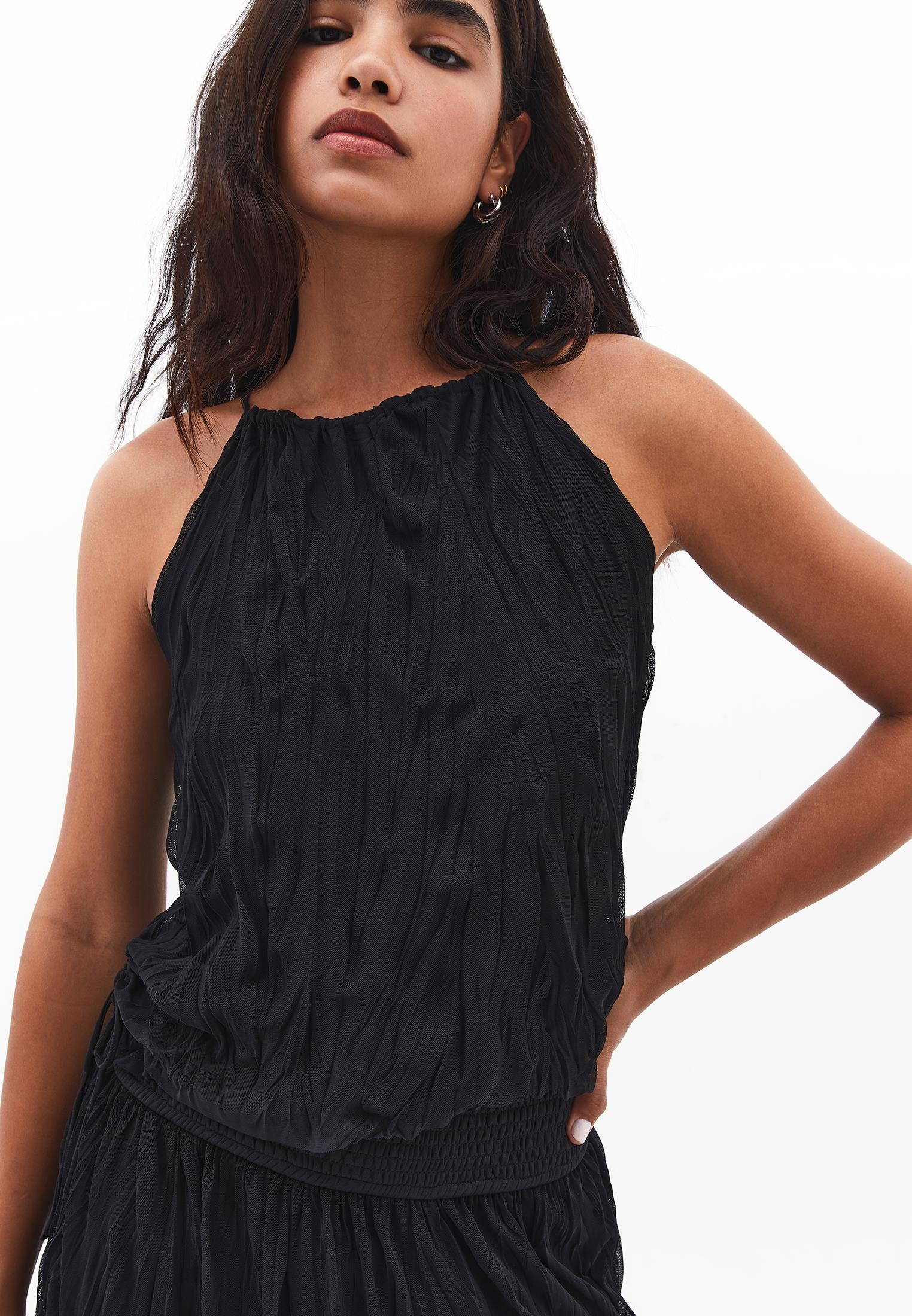 Halter Neck Crinkled Look Blouse - BLACK