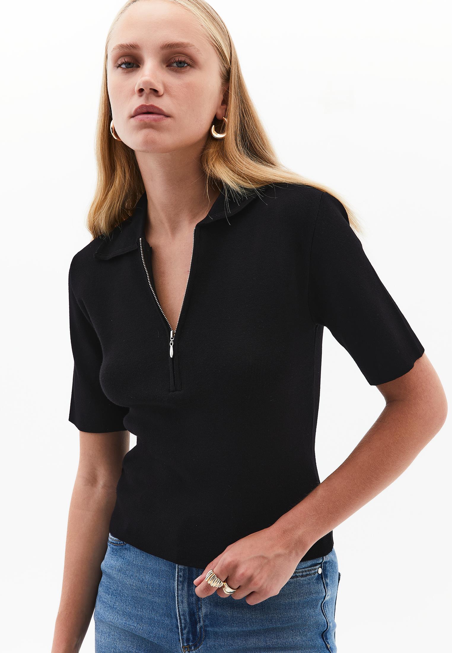 Polo Collar Zipper Detailed Standard T-Shirt - BLACK