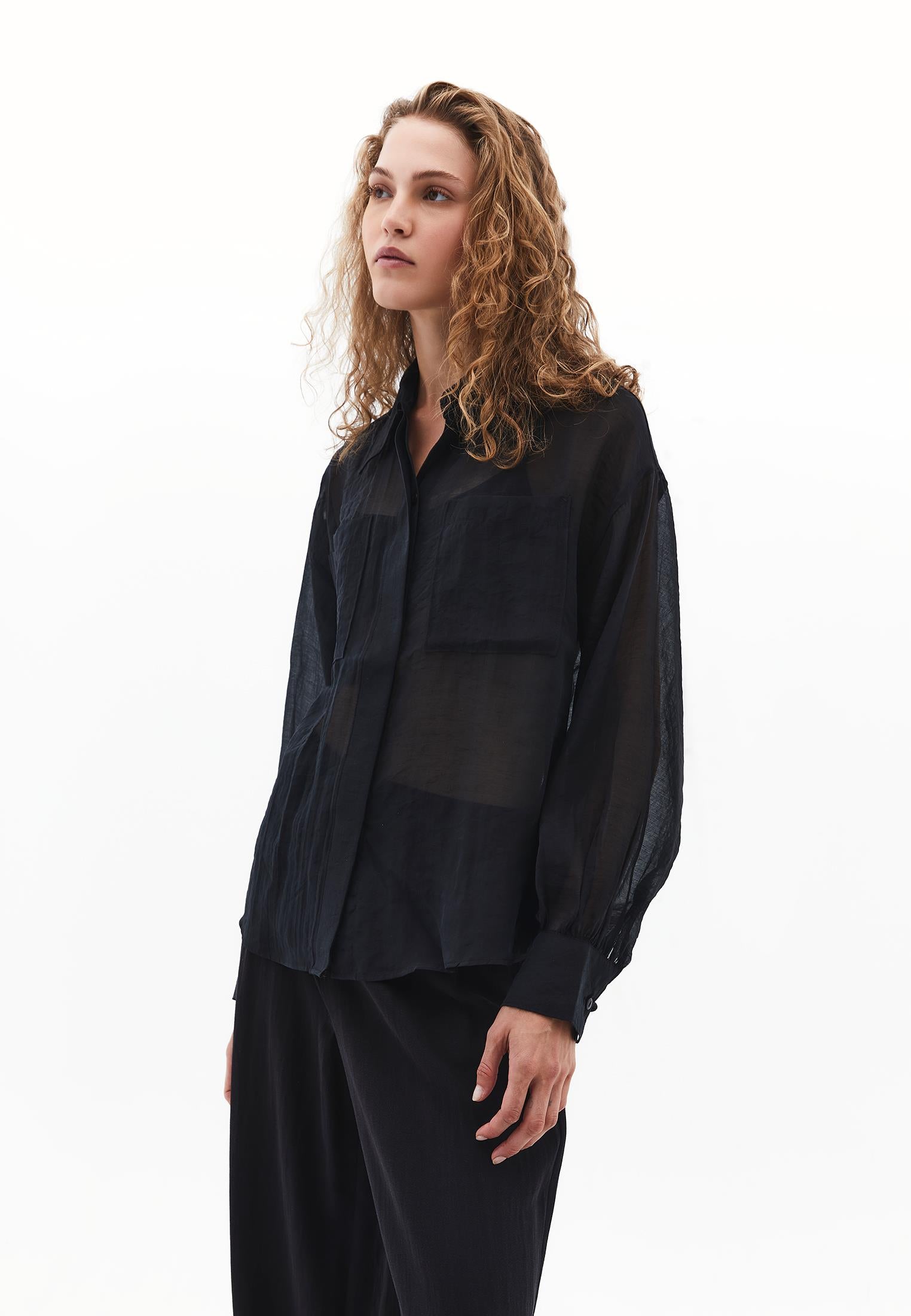 Loose Shirt With Balloon Sleeves And Pocket Detail - BLACK