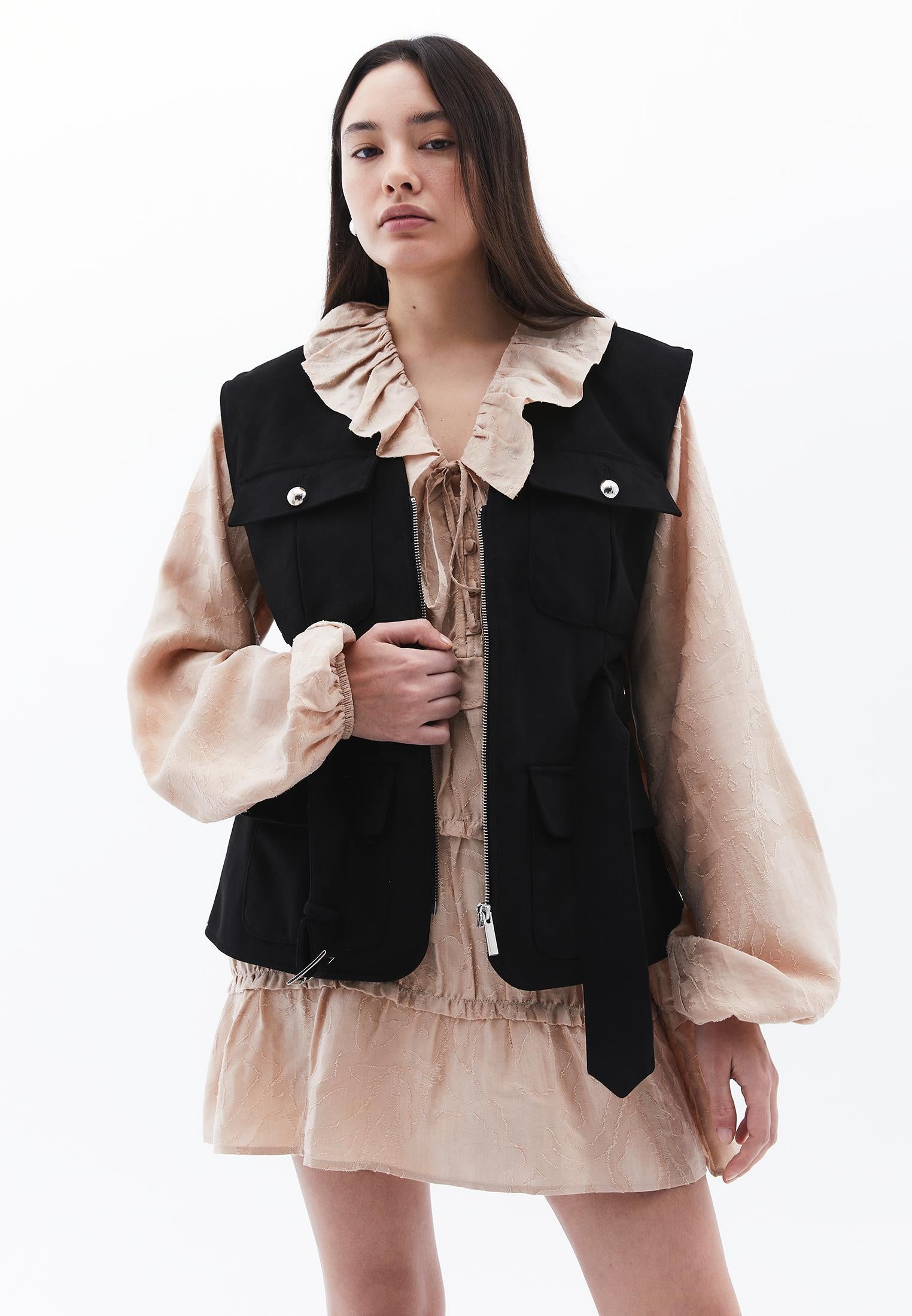 V Neck Belted Vest - BLACK