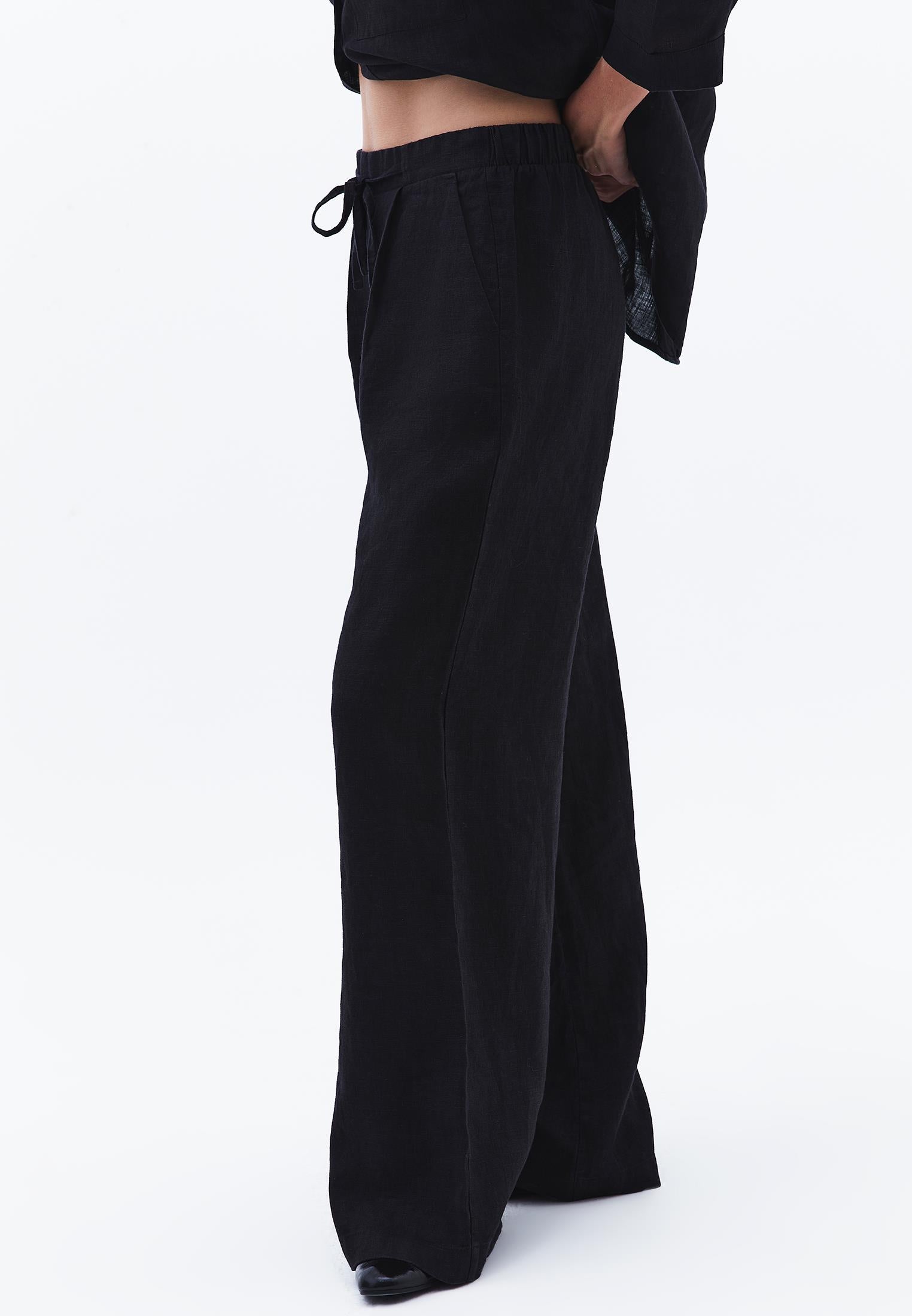 High Waist Belted Linen Wide Leg Pants - BLACK