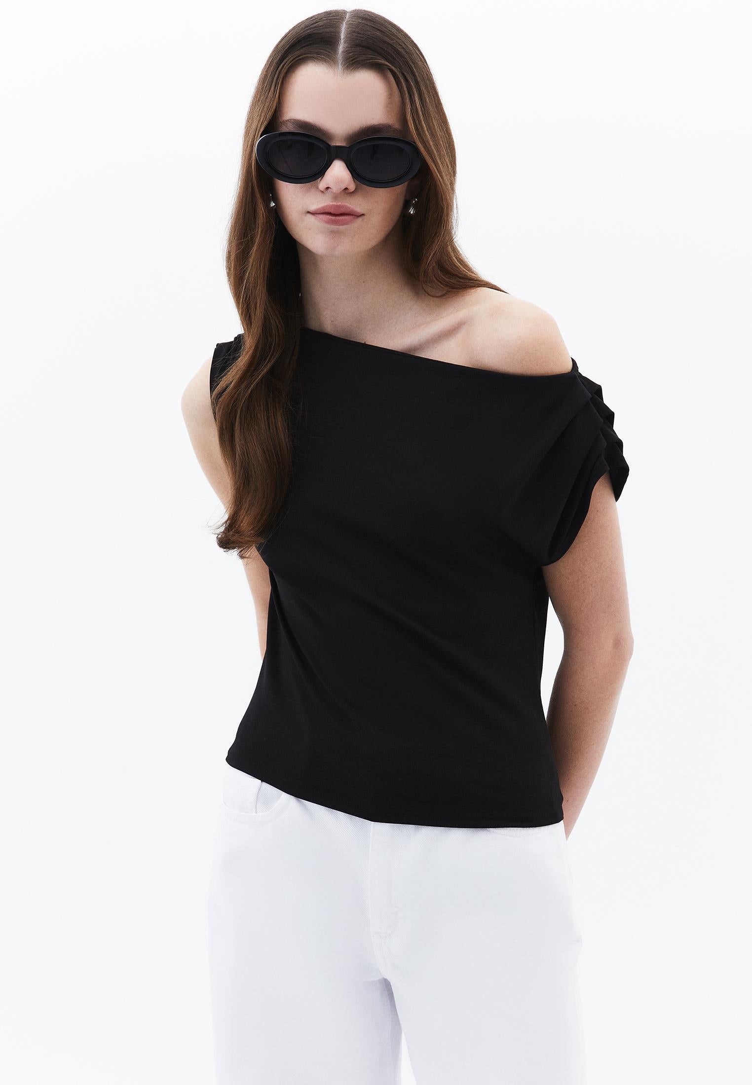 Boat Neck Short Sleeve Blouse - BLACK