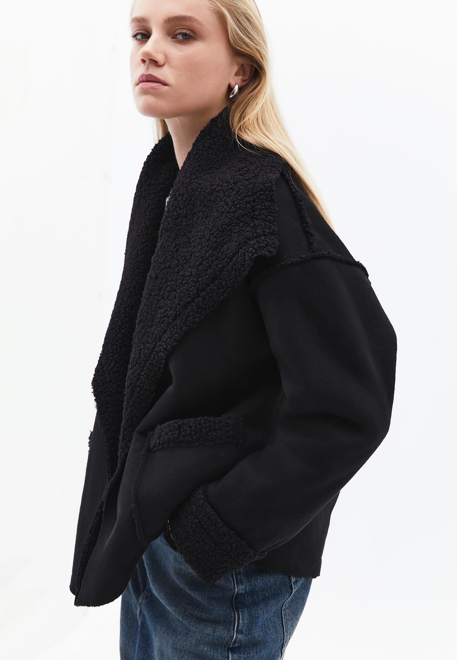 Shawl Collar Long Sleeve Bouclé Jacket - BLACK