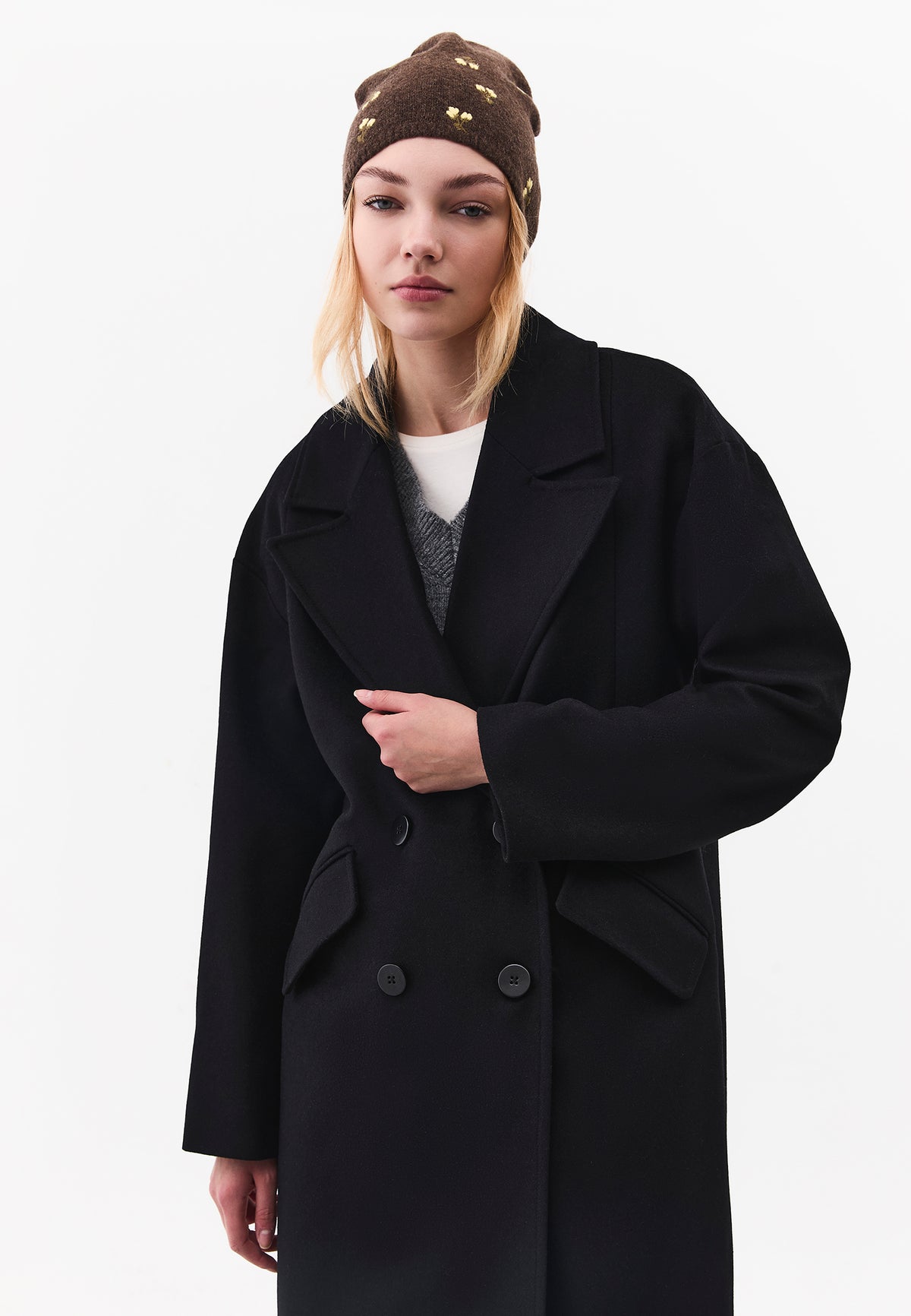 Long Double Breasted Pocket Detail Coat - BLACK