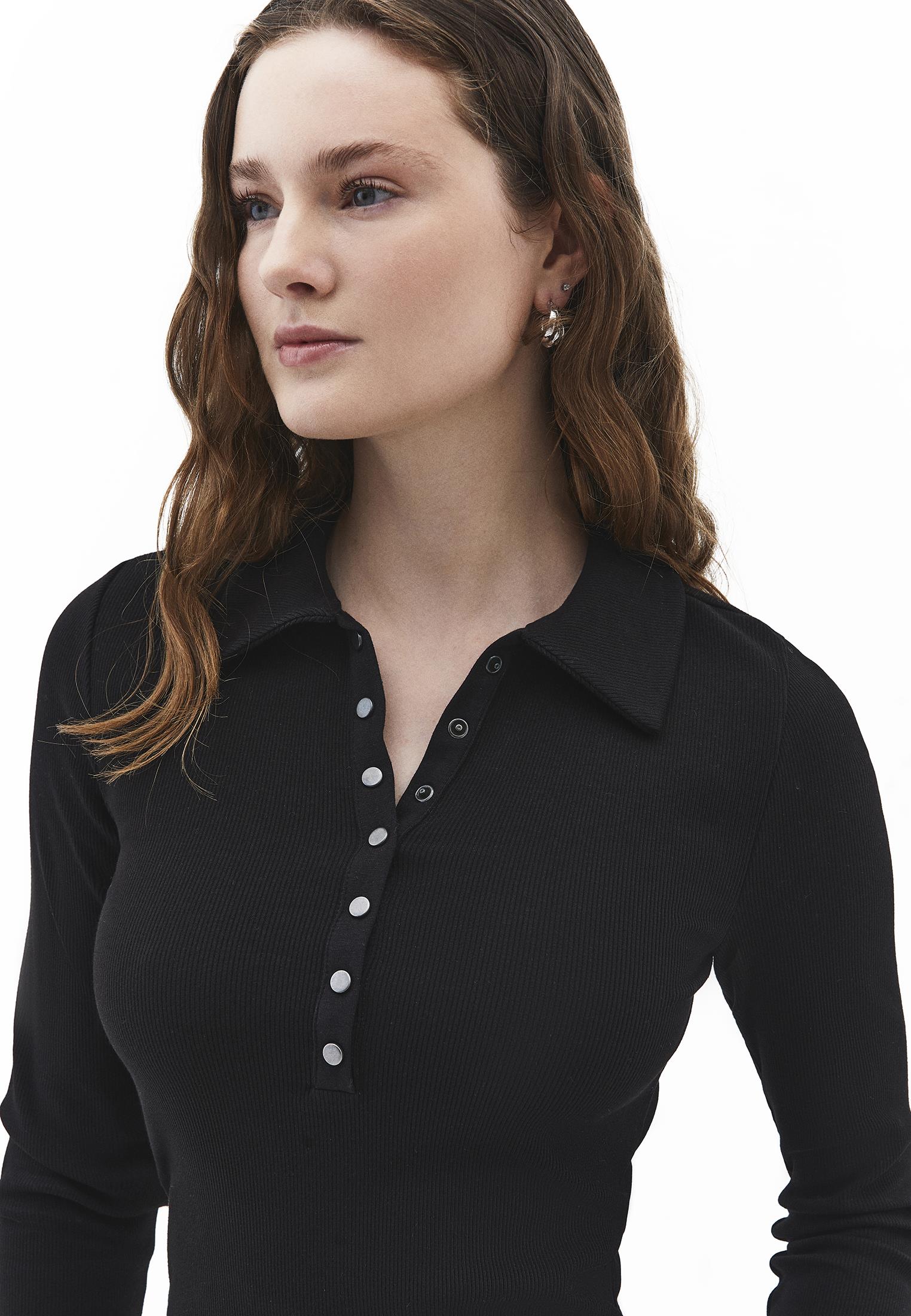 Polo Collar Long Sleeve Bodycon T-Shirt - BLACK