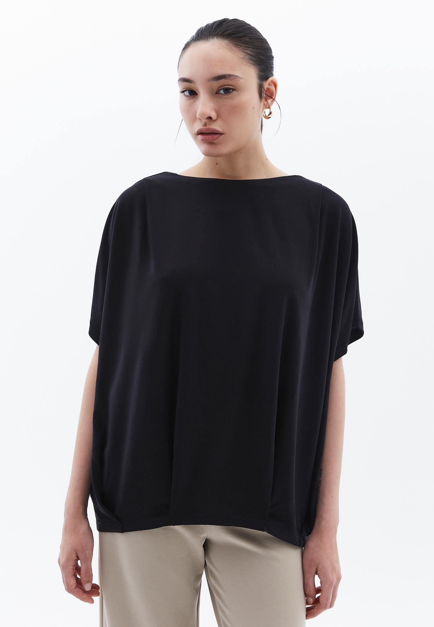 Boat Neck Batwing Sleeve Oversize Tunic T-Shirt - BLACK