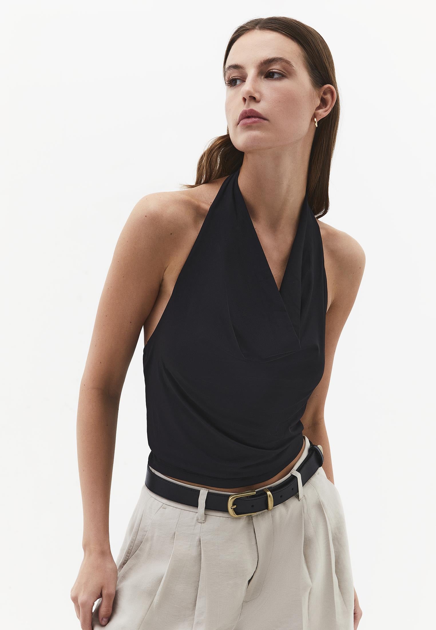 Cowl Neck Bodycon Sleeveless Blouse - BLACK
