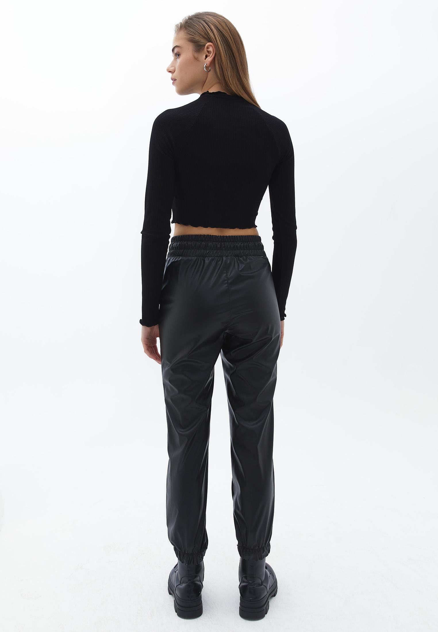 High Waist Cut Jogger Pants - BLACK