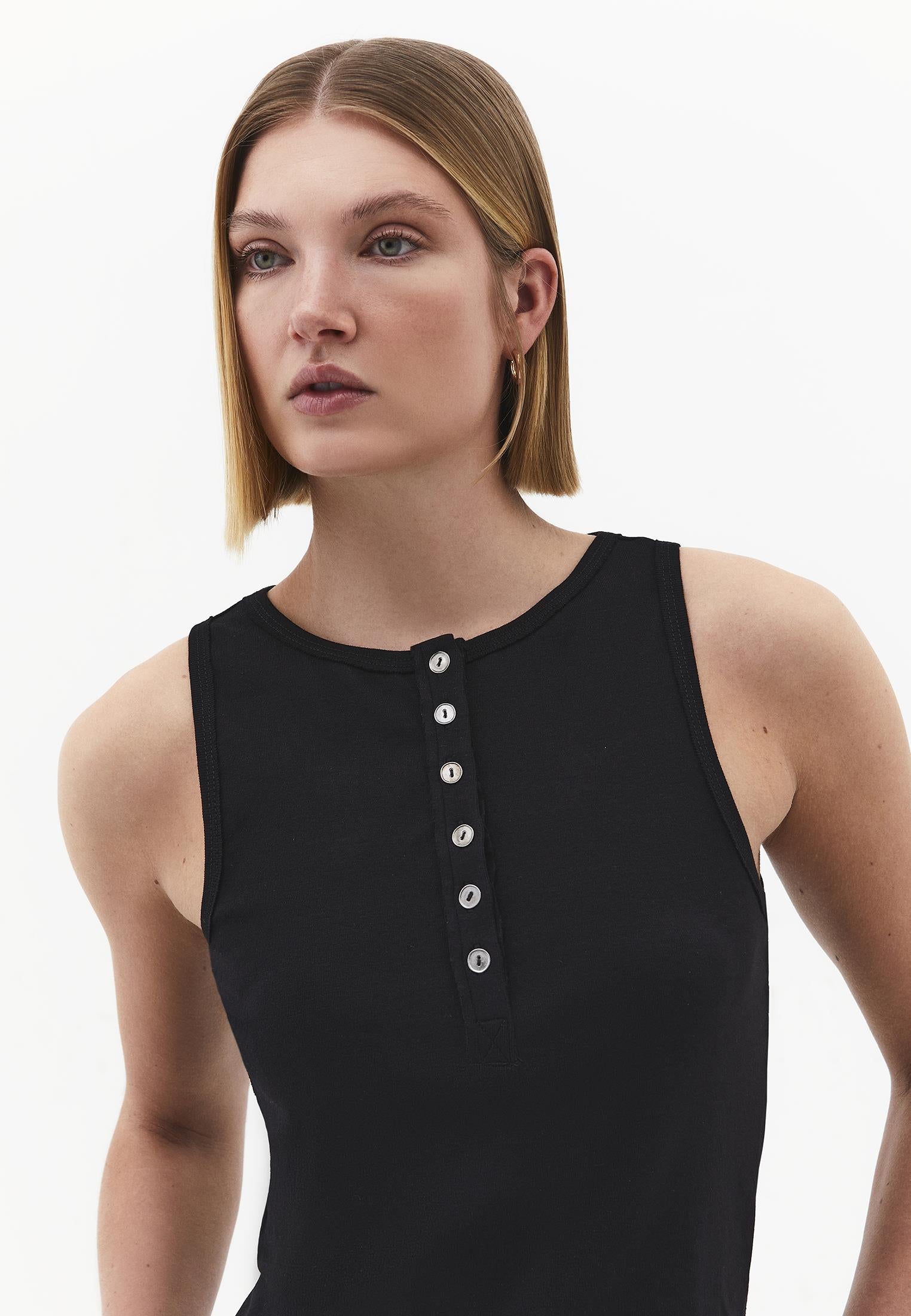 Crew Neck Button Detailed Tank Top - BLACK