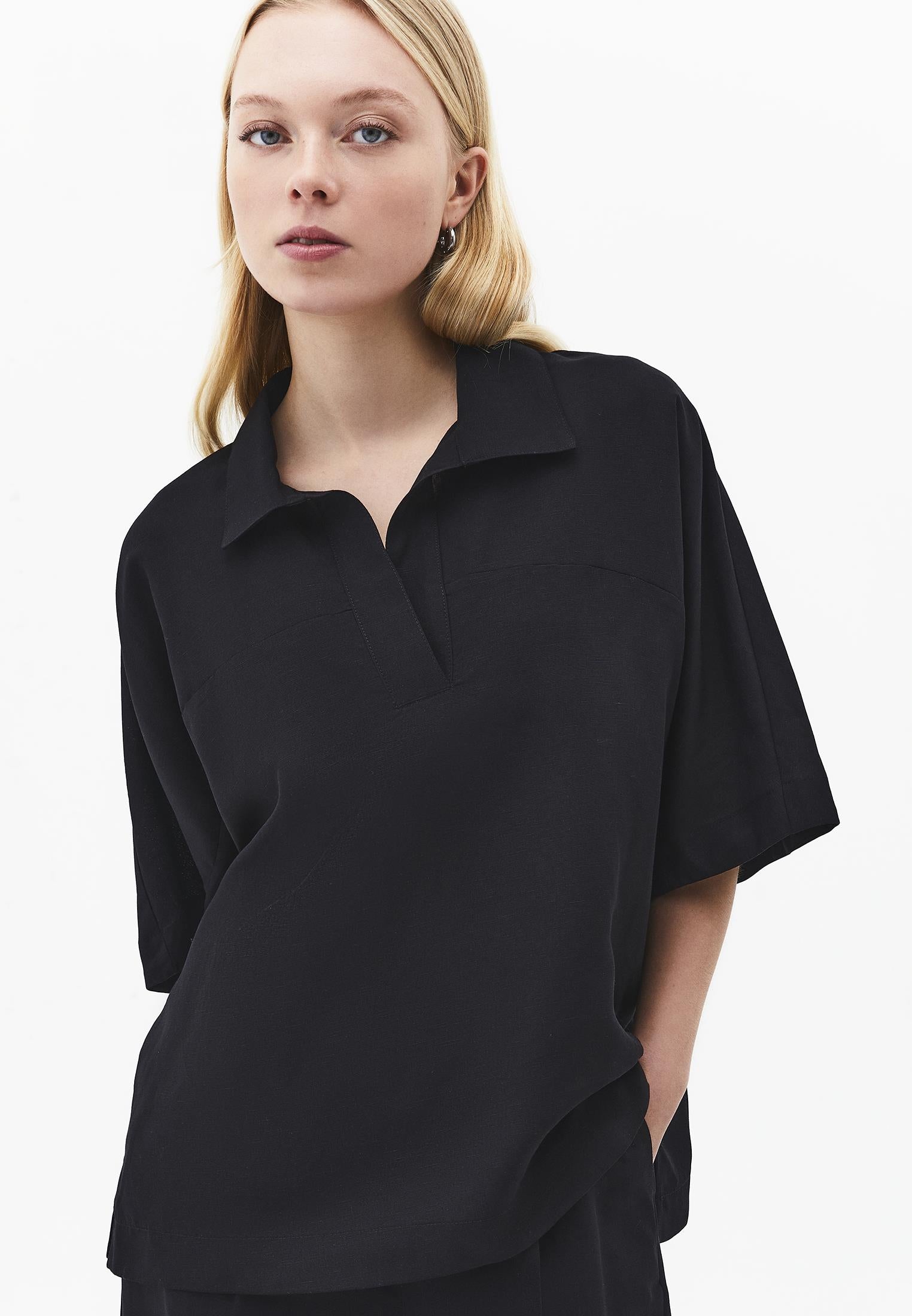 Polo Neck Batwing Sleeve Oversize Blouse - BLACK