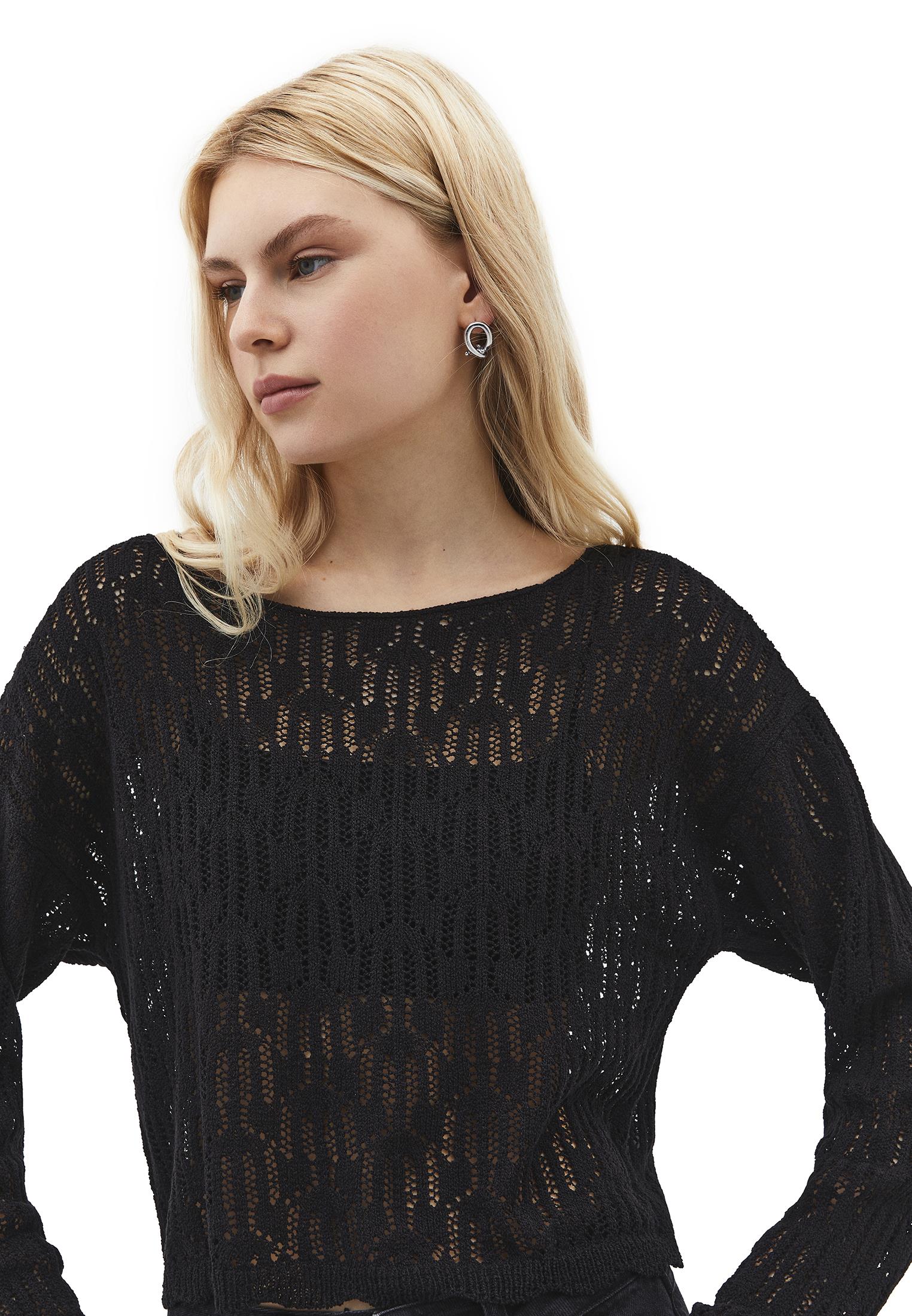 Openwork Boat Neck Sweater - BLACK
