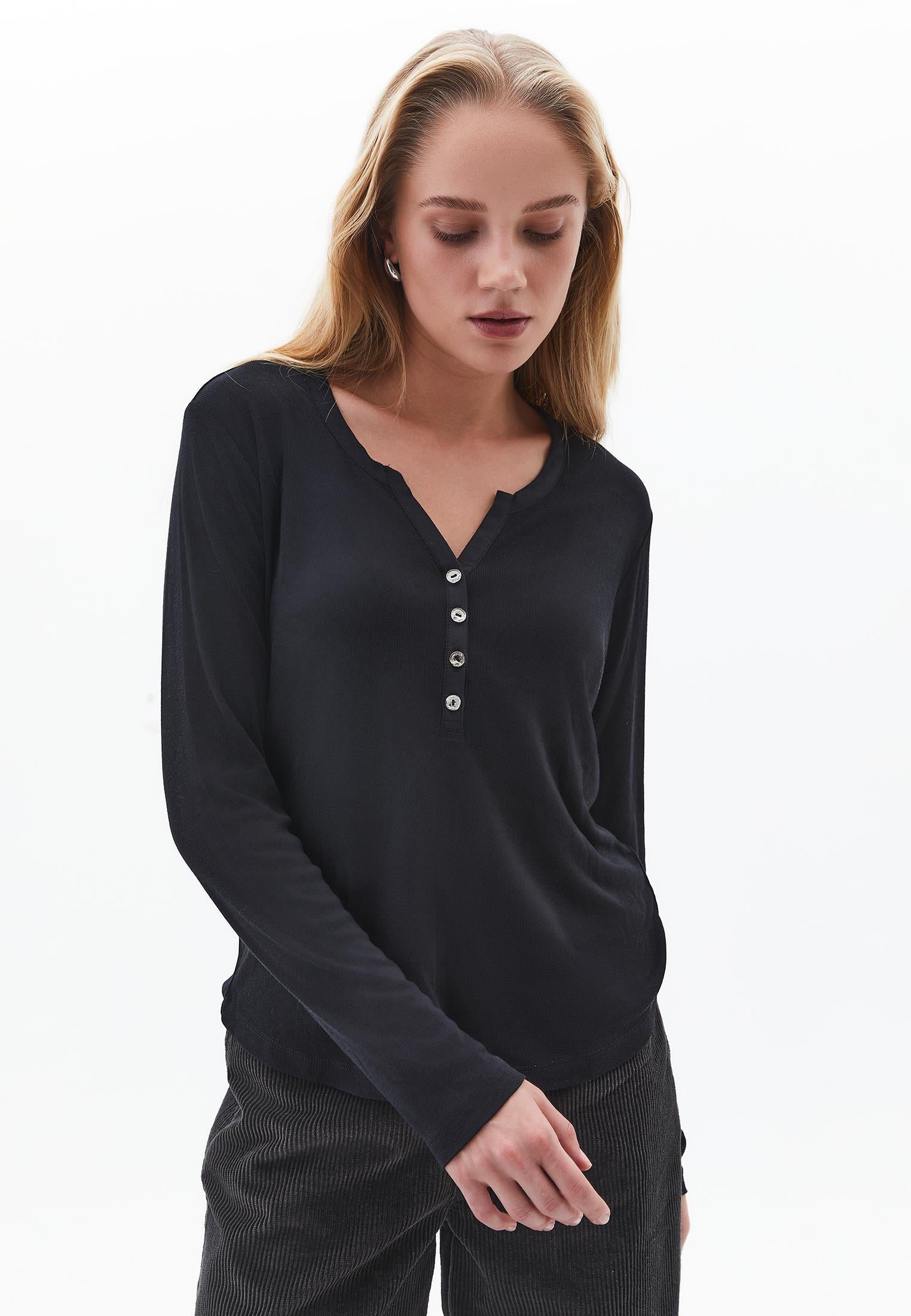 Polo Collar Buttoned T-Shirt - BLACK
