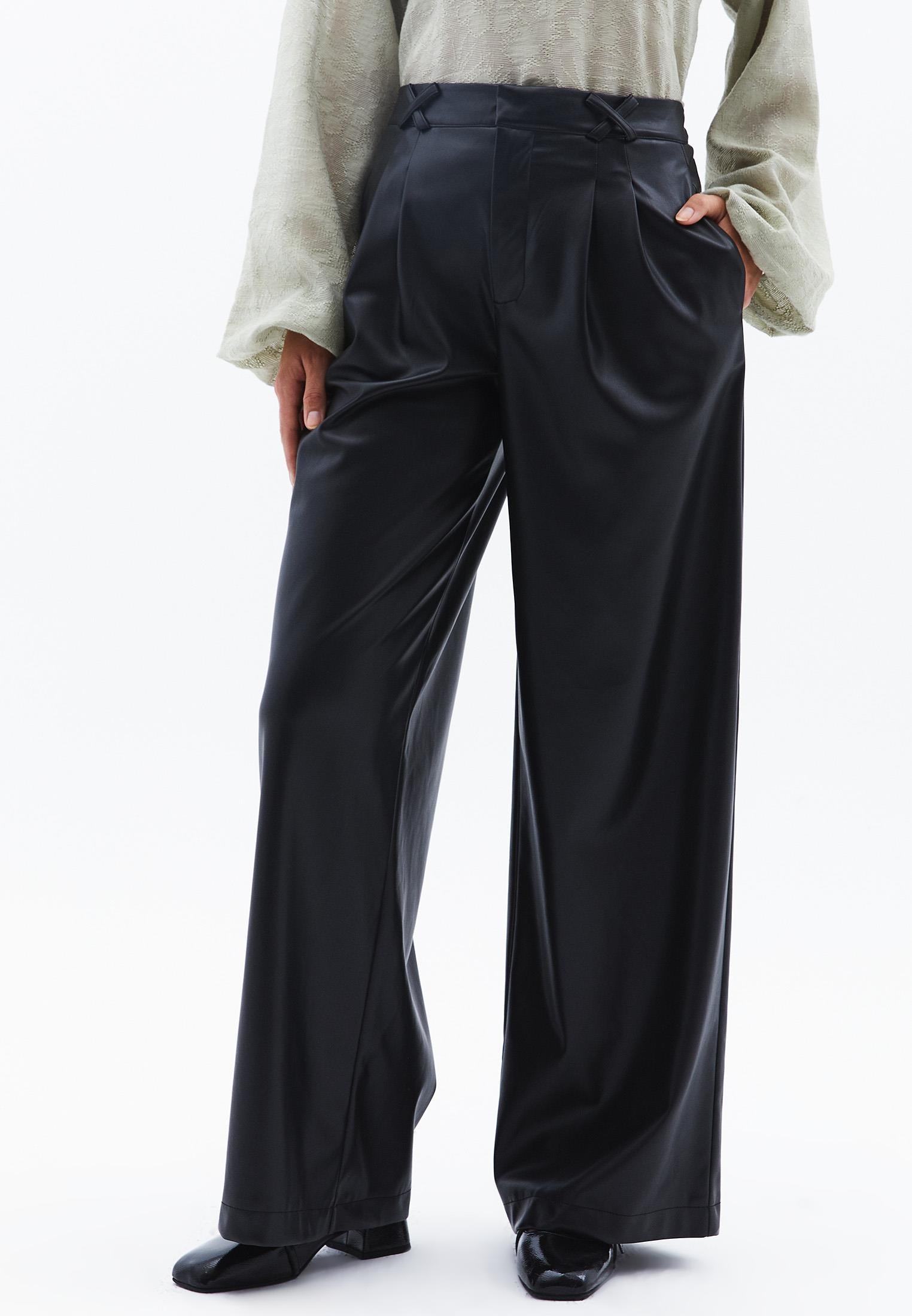Pleated Wide Leg High Waist Pants - BLACK