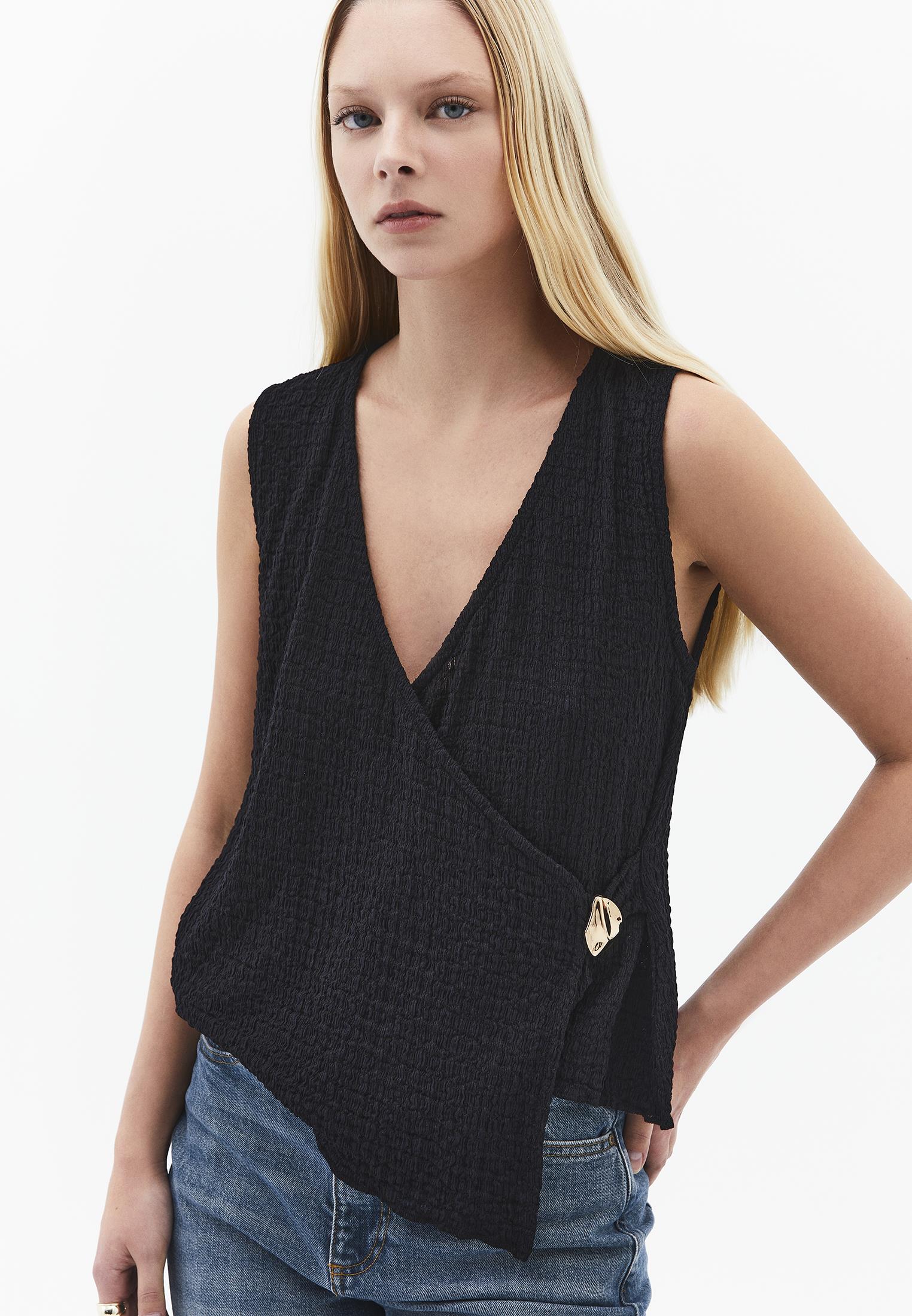V Neck Blouse Without Sleeve Detail - BLACK