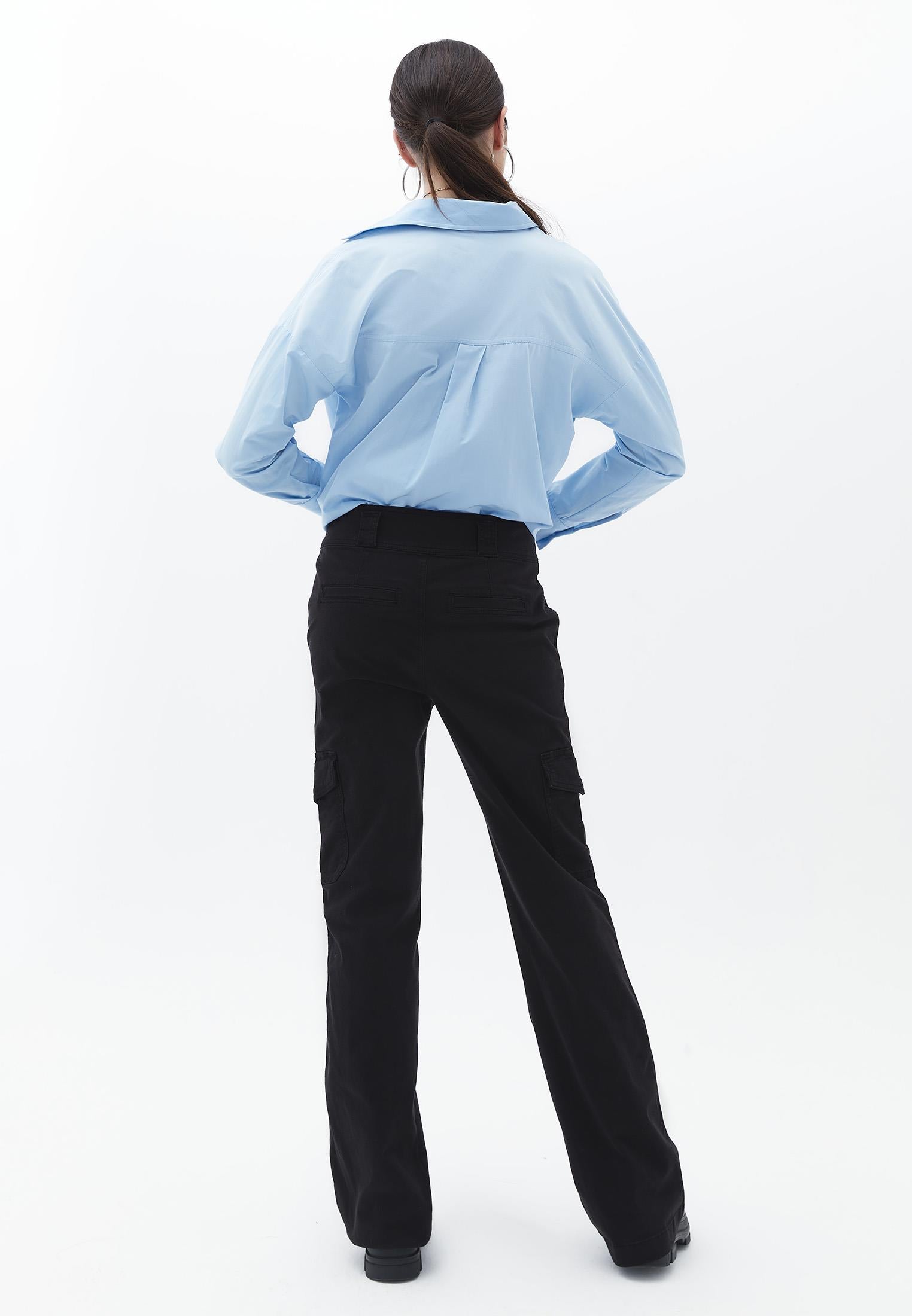 Straight Leg Mid Waist Pocket Detailed Trousers - BLACK