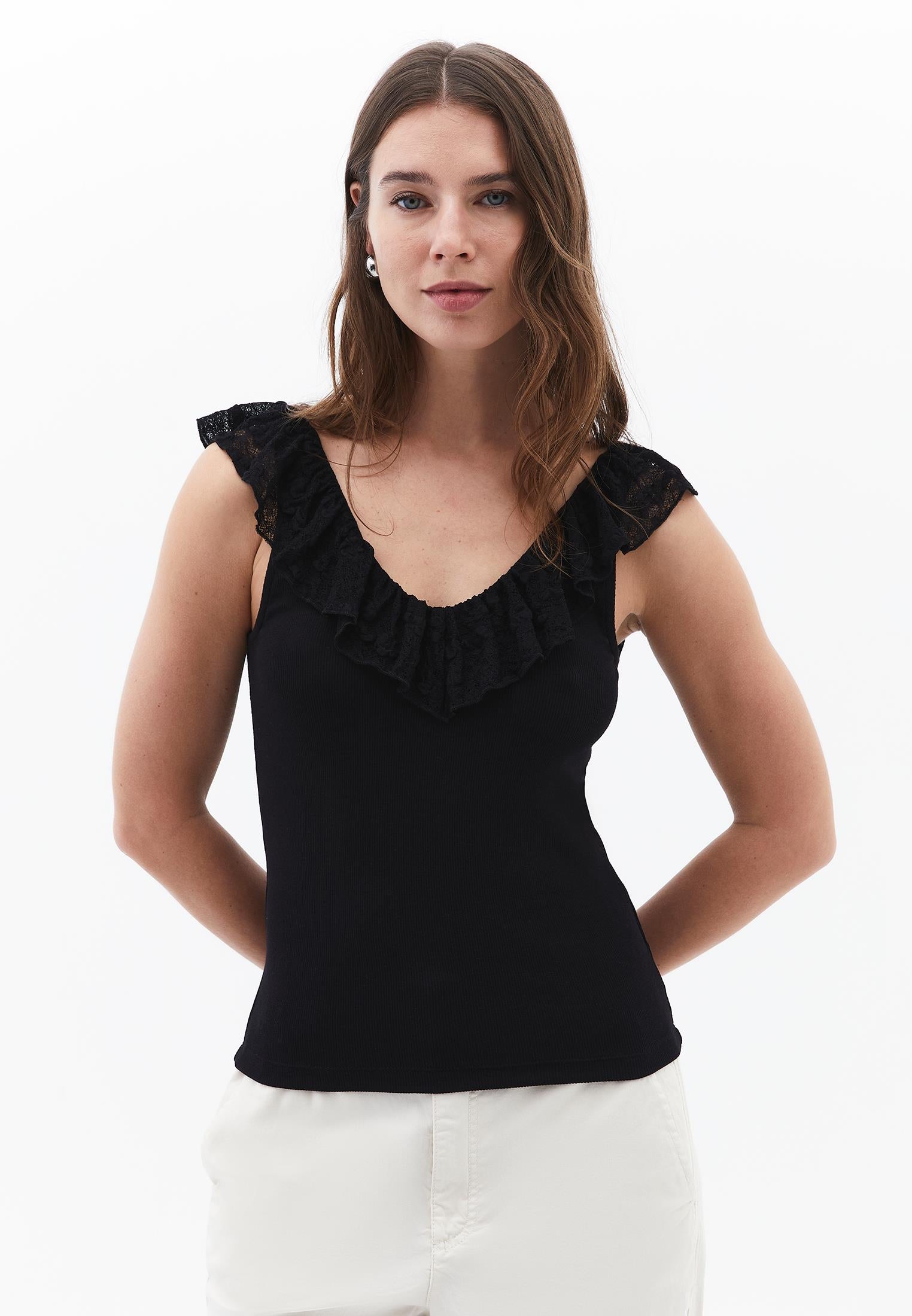 V Neck Frilled Tank Top - BLACK