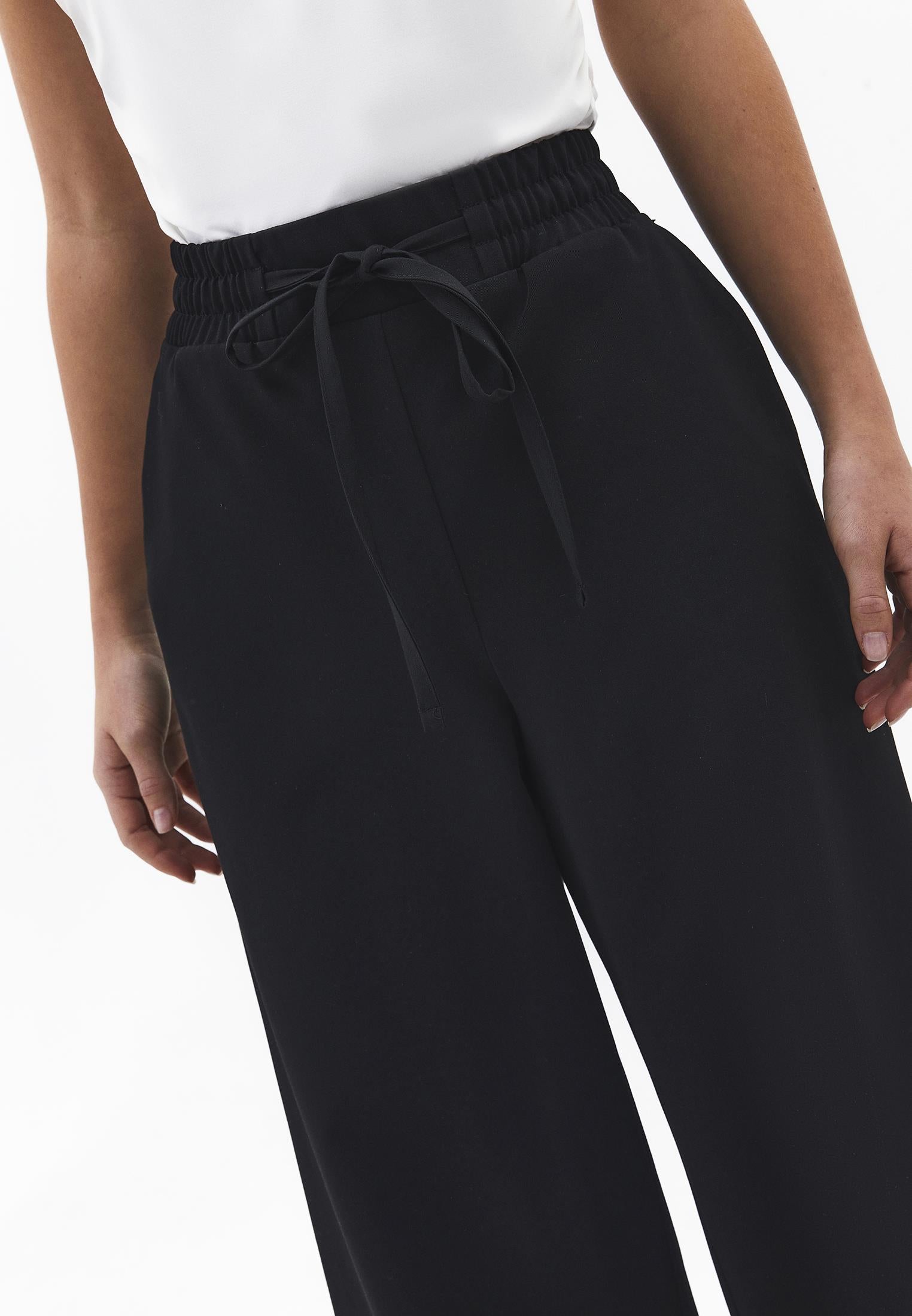Wide Leg High Waist Elastic Waistband Pants - BLACK