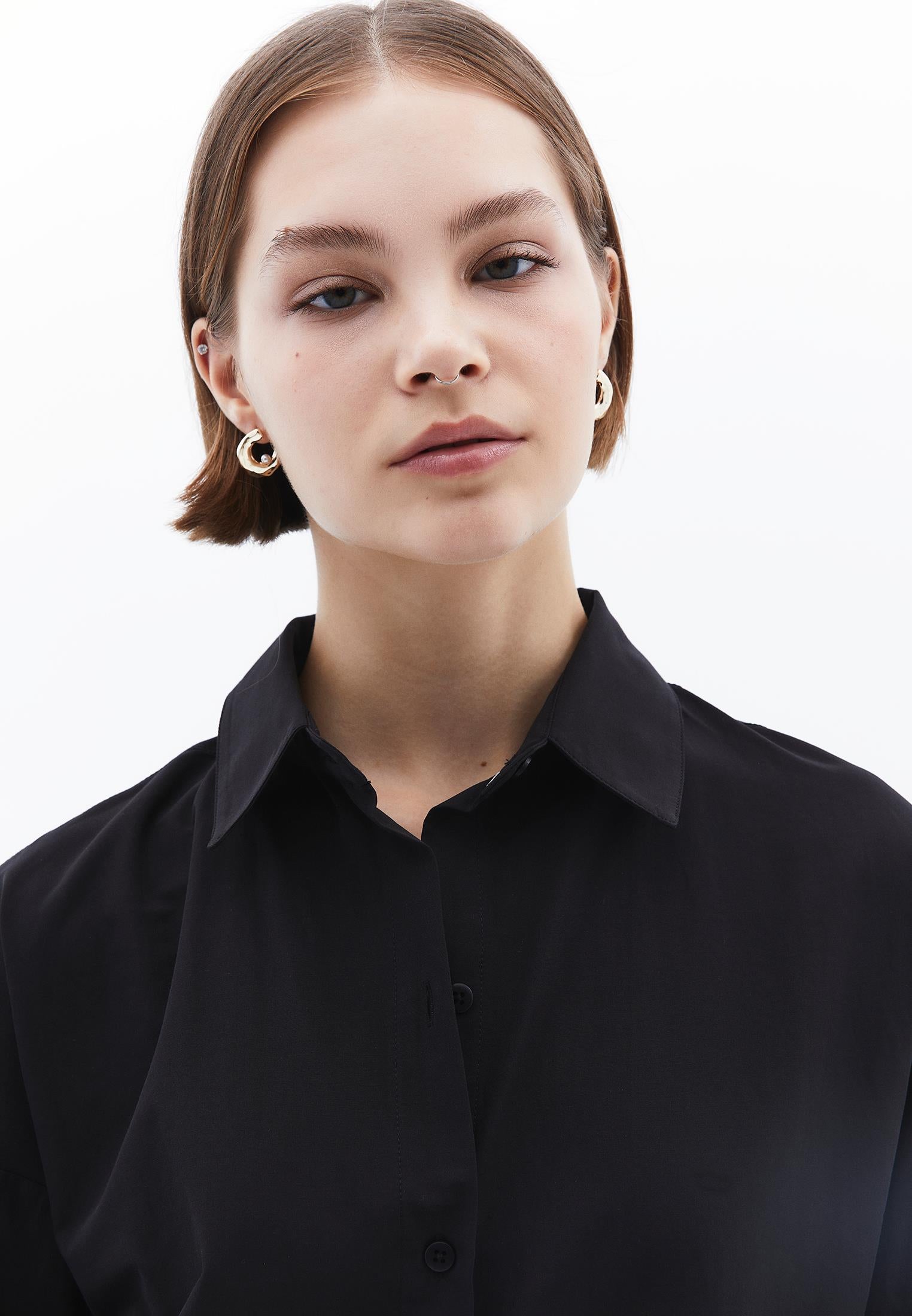 Shirt Collar Loose Woven Shirt - BLACK