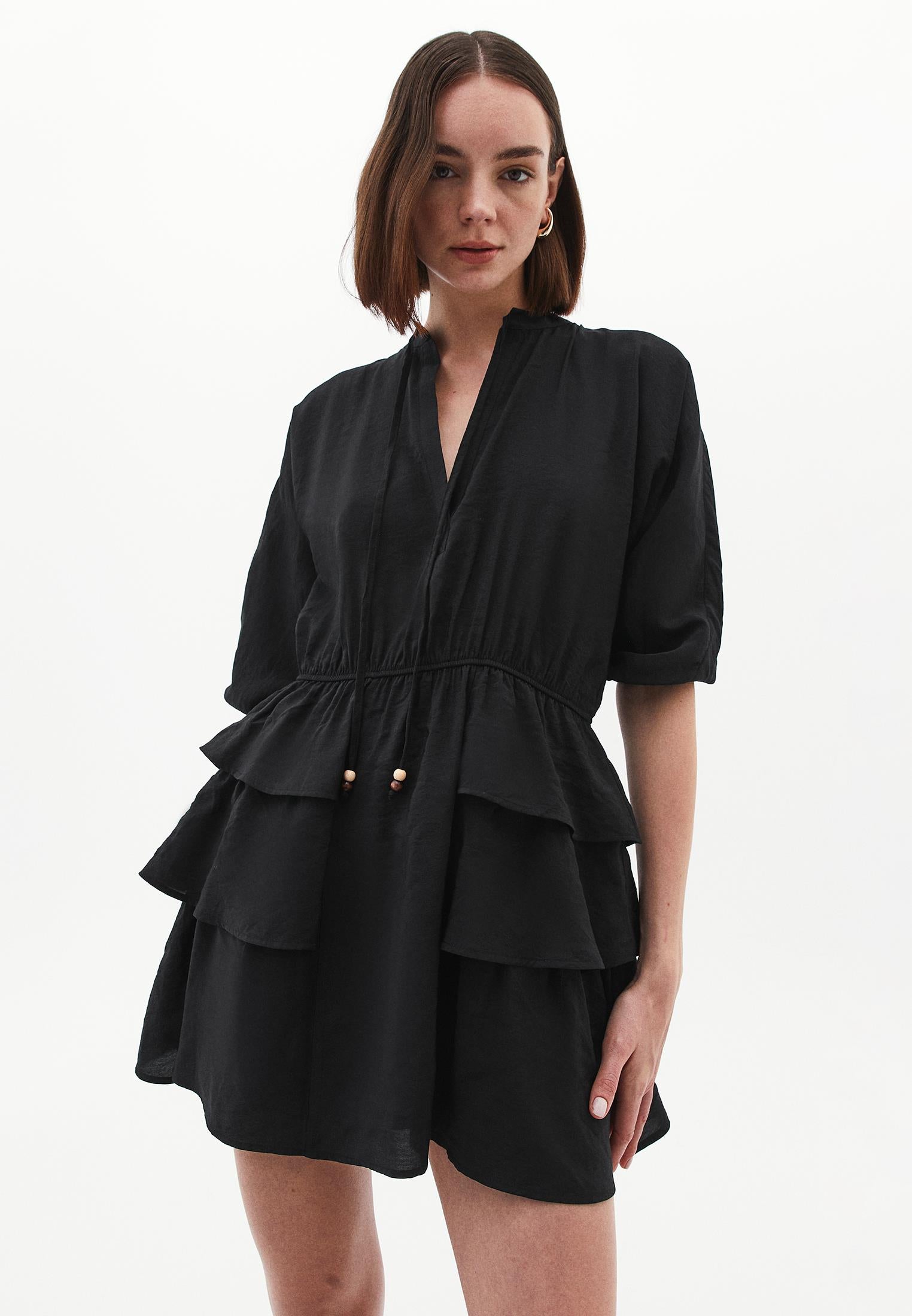 Draped V Neck Dress - BLACK