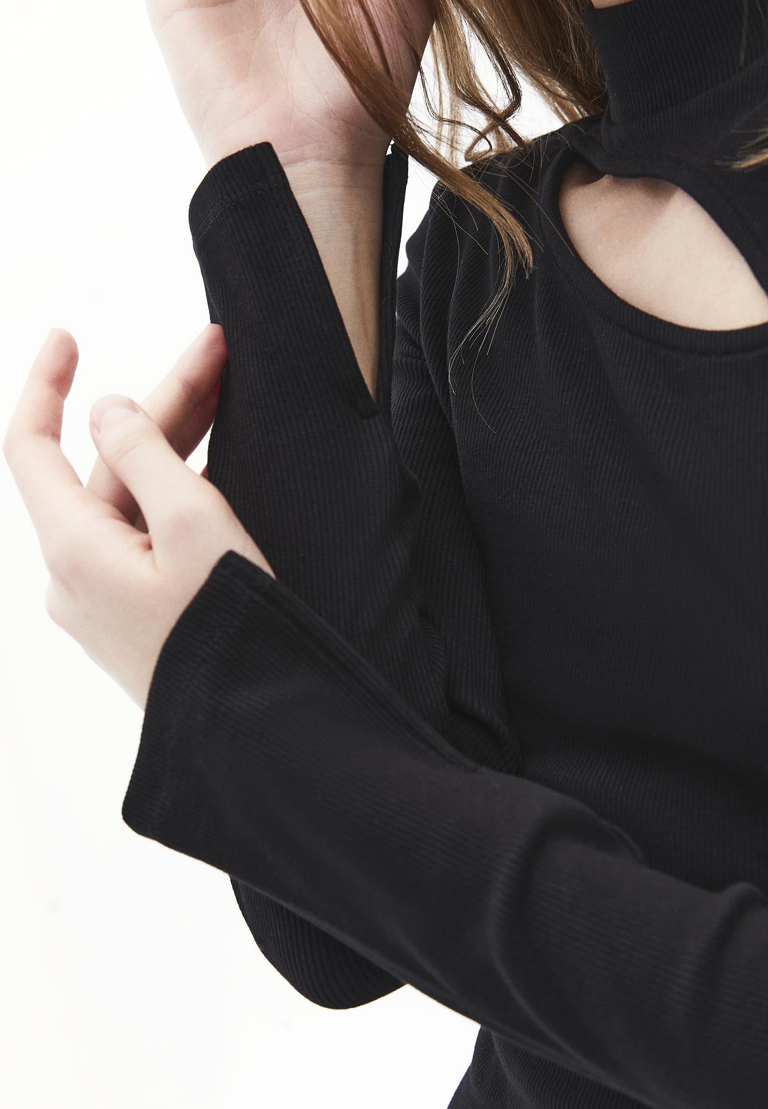 High Neck Cut Out Detail Bodycon T-Shirt - BLACK