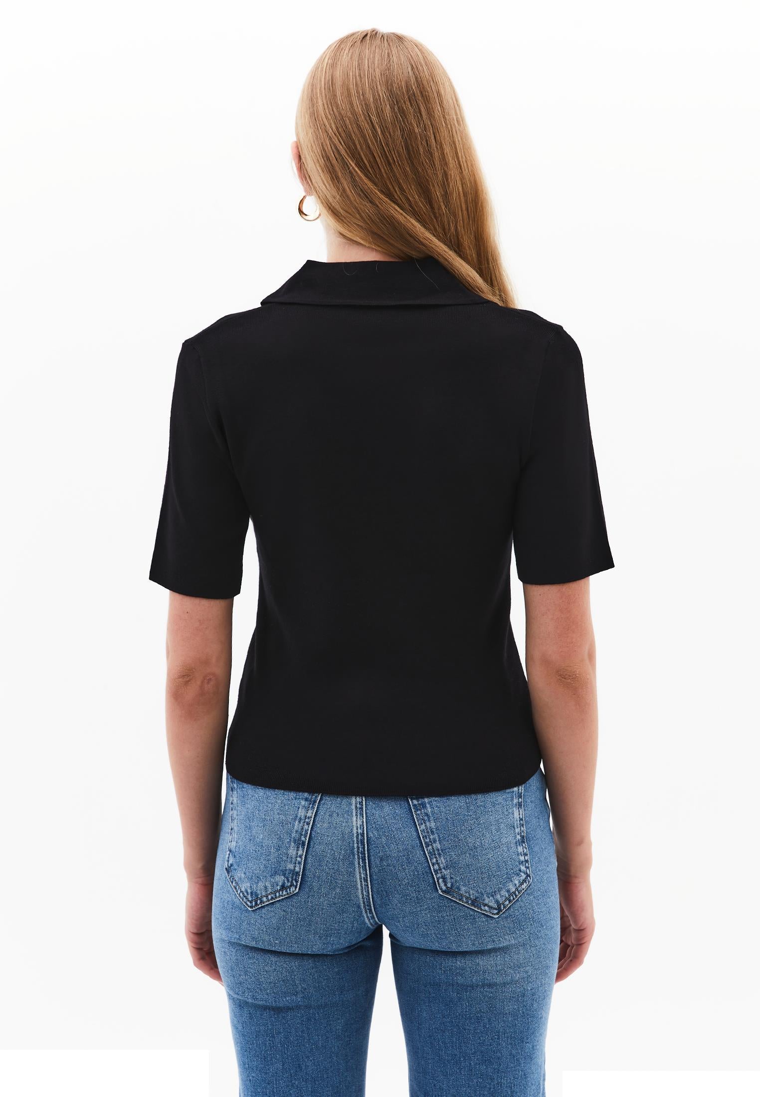 Polo Collar Zipper Detailed Standard T-Shirt - BLACK