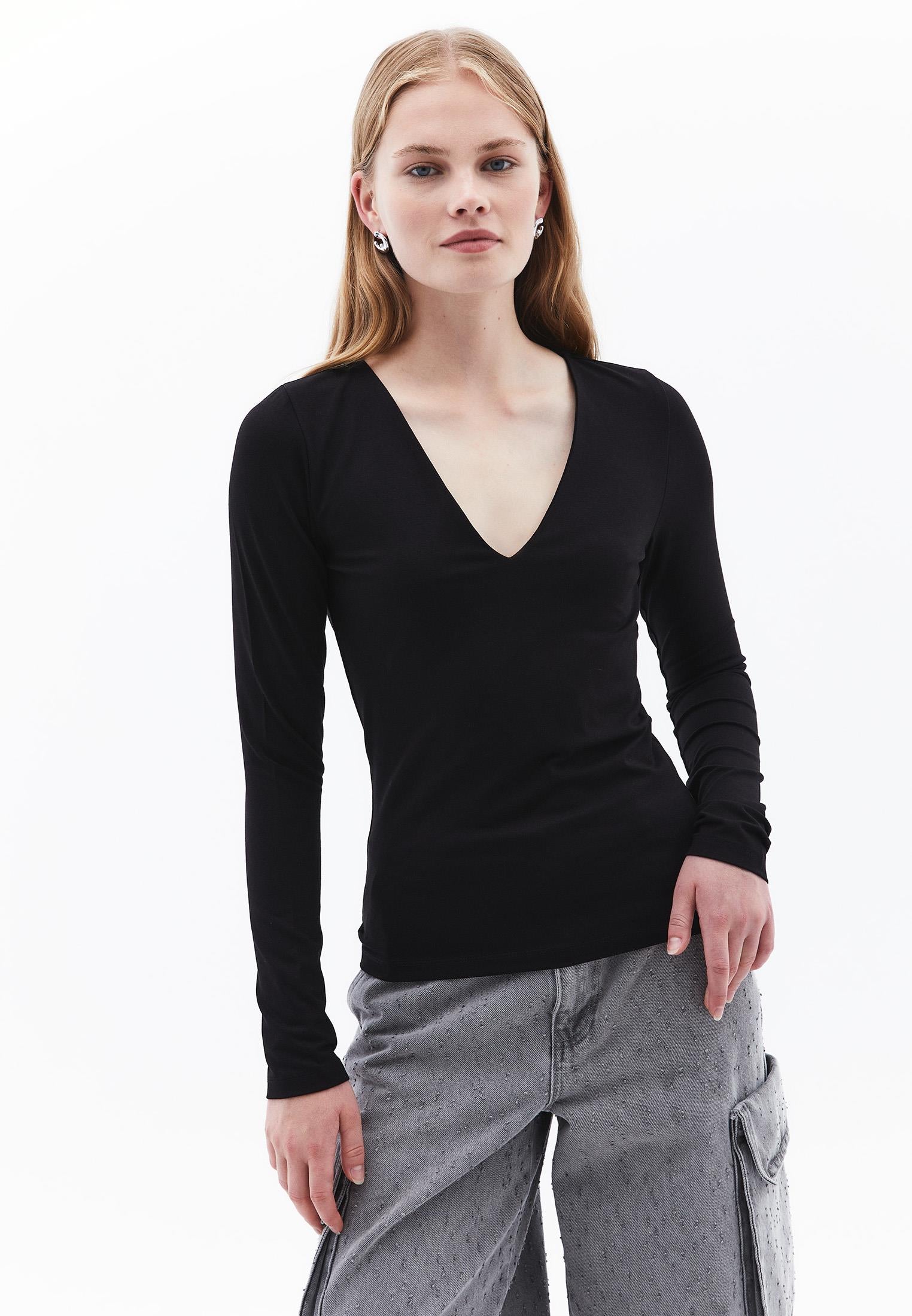 Long Sleeve V Neck Bodycon T-Shirt - BLACK