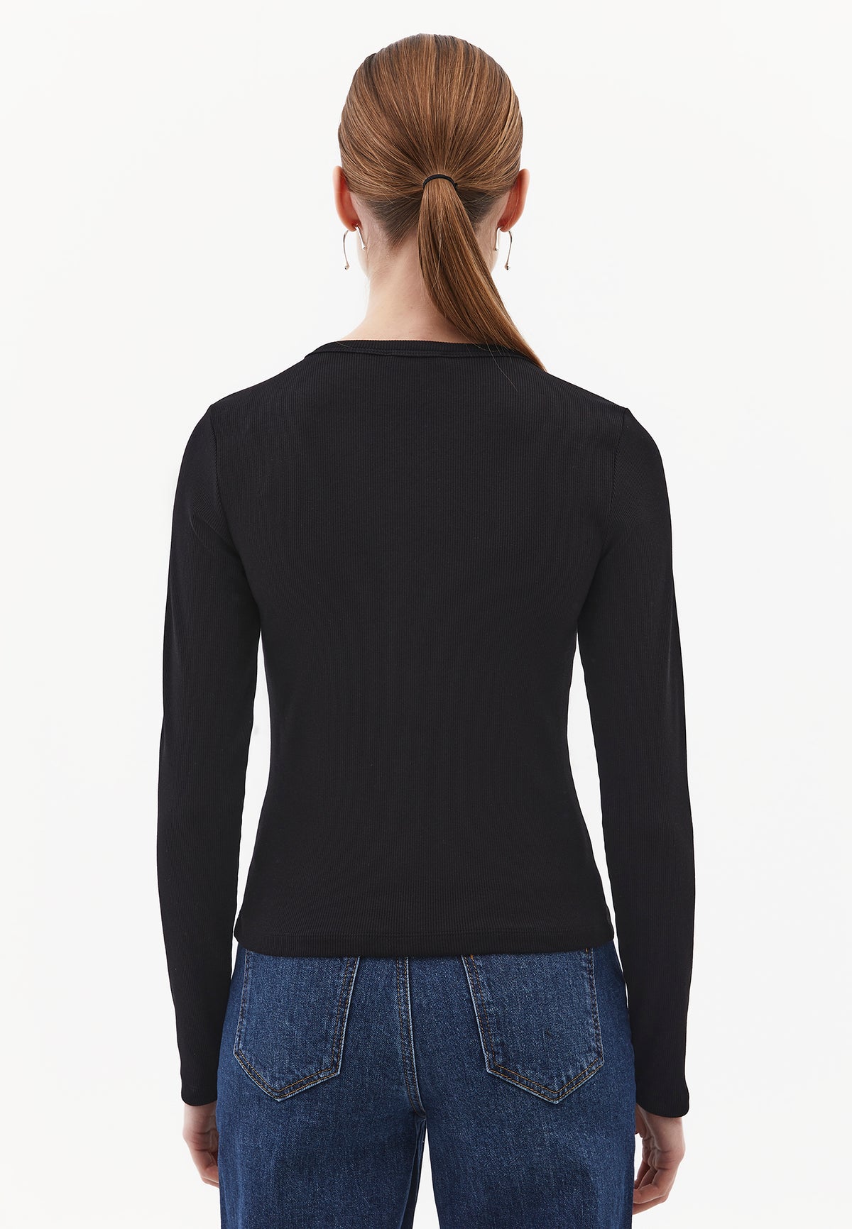Crew Neck Long Sleeve Zip Detailed Bodycon T-Shirt - BLACK