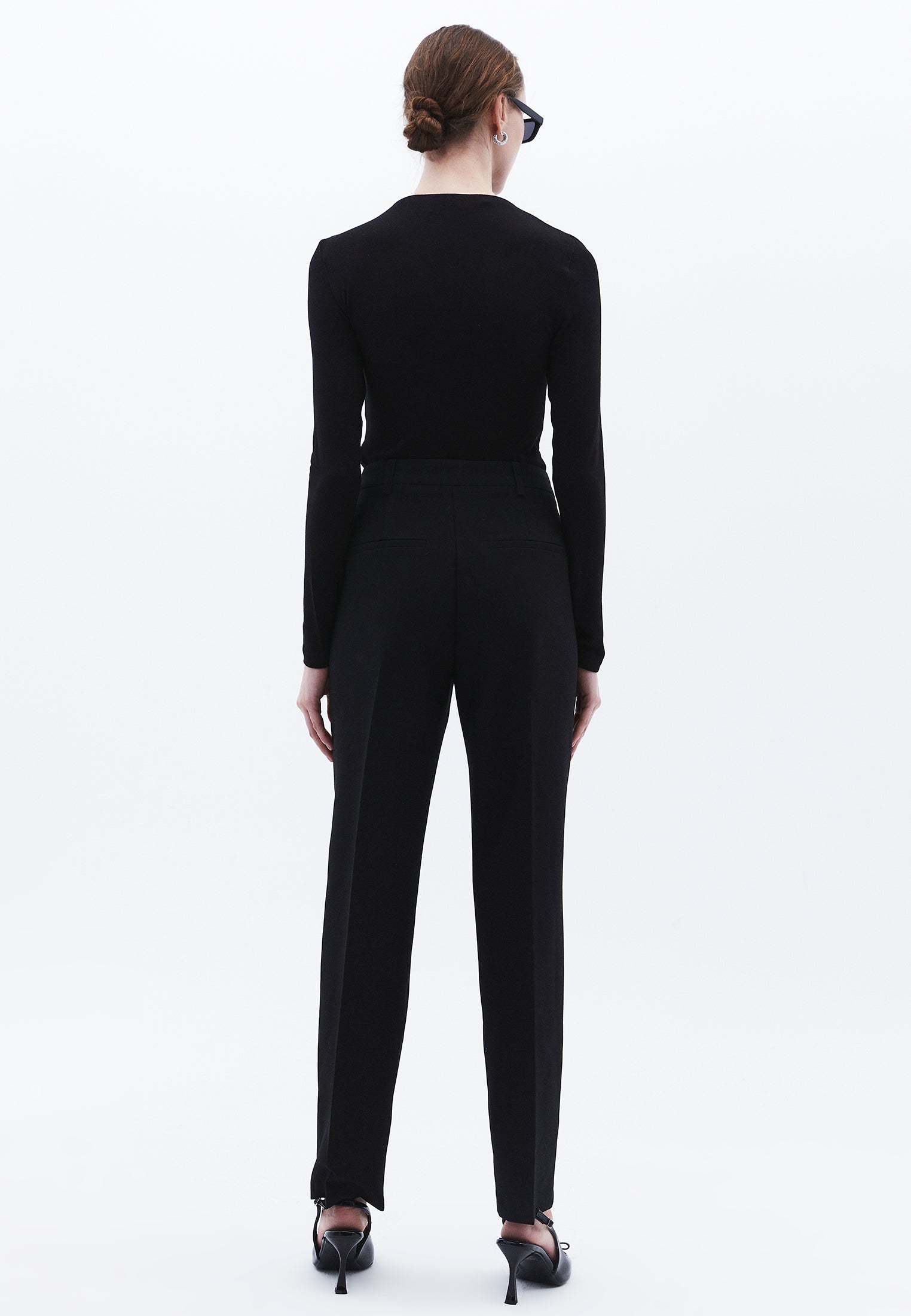 High Waist Long Slim Pants - BLACK