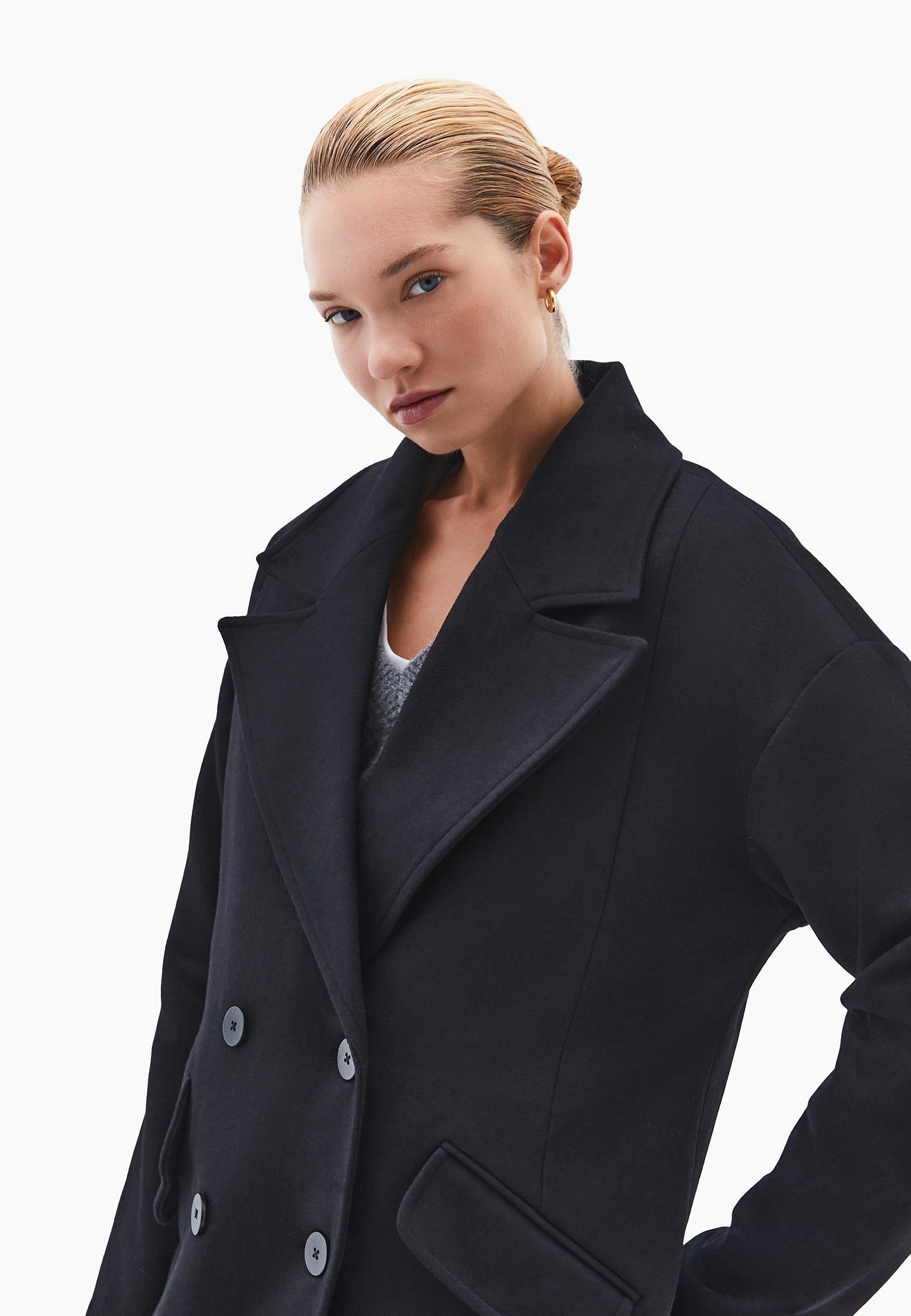Long Coat With Shawl Collar And Pocket Details - BLACK