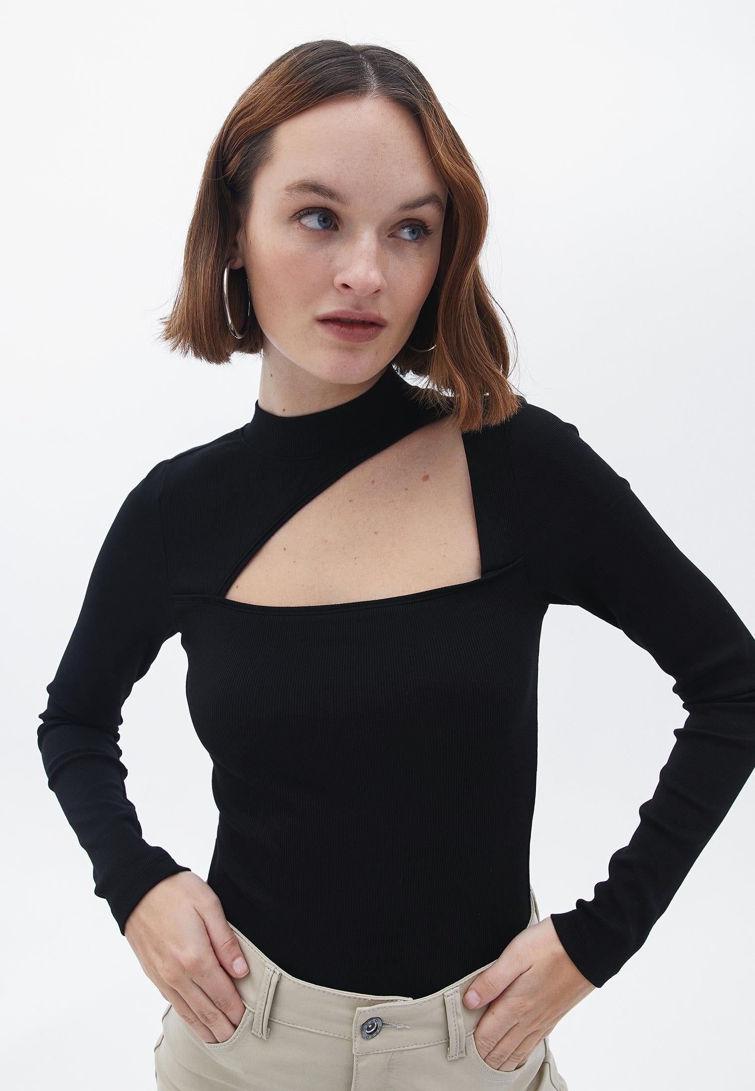 High Neck Long Sleeve Bodycon T-Shirt - BLACK