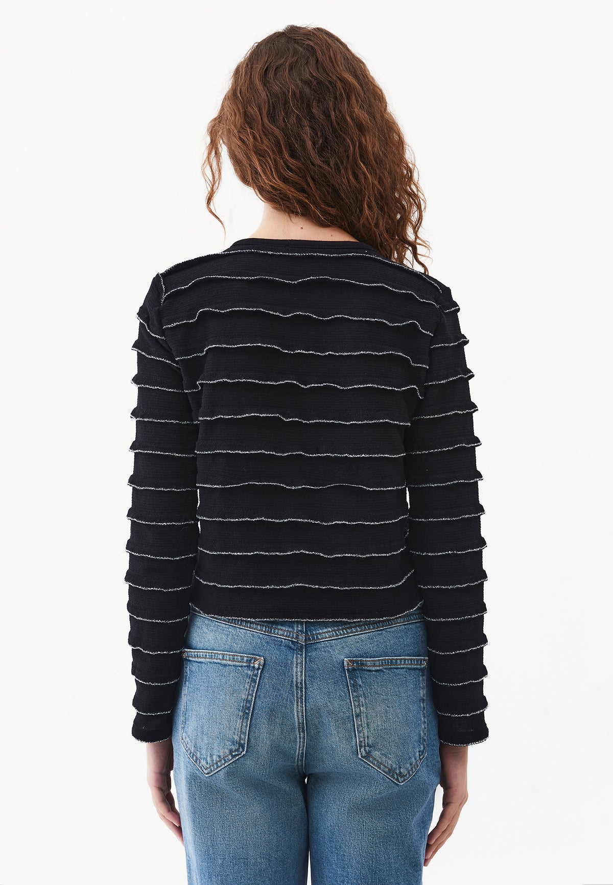 Shimmery Crew Neck Long Sleeve Cardigan - BLACK