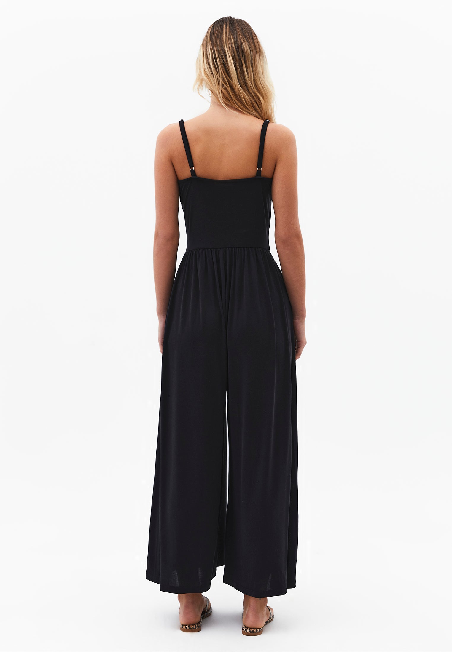 V Neck Long Jumpsuit - BLACK