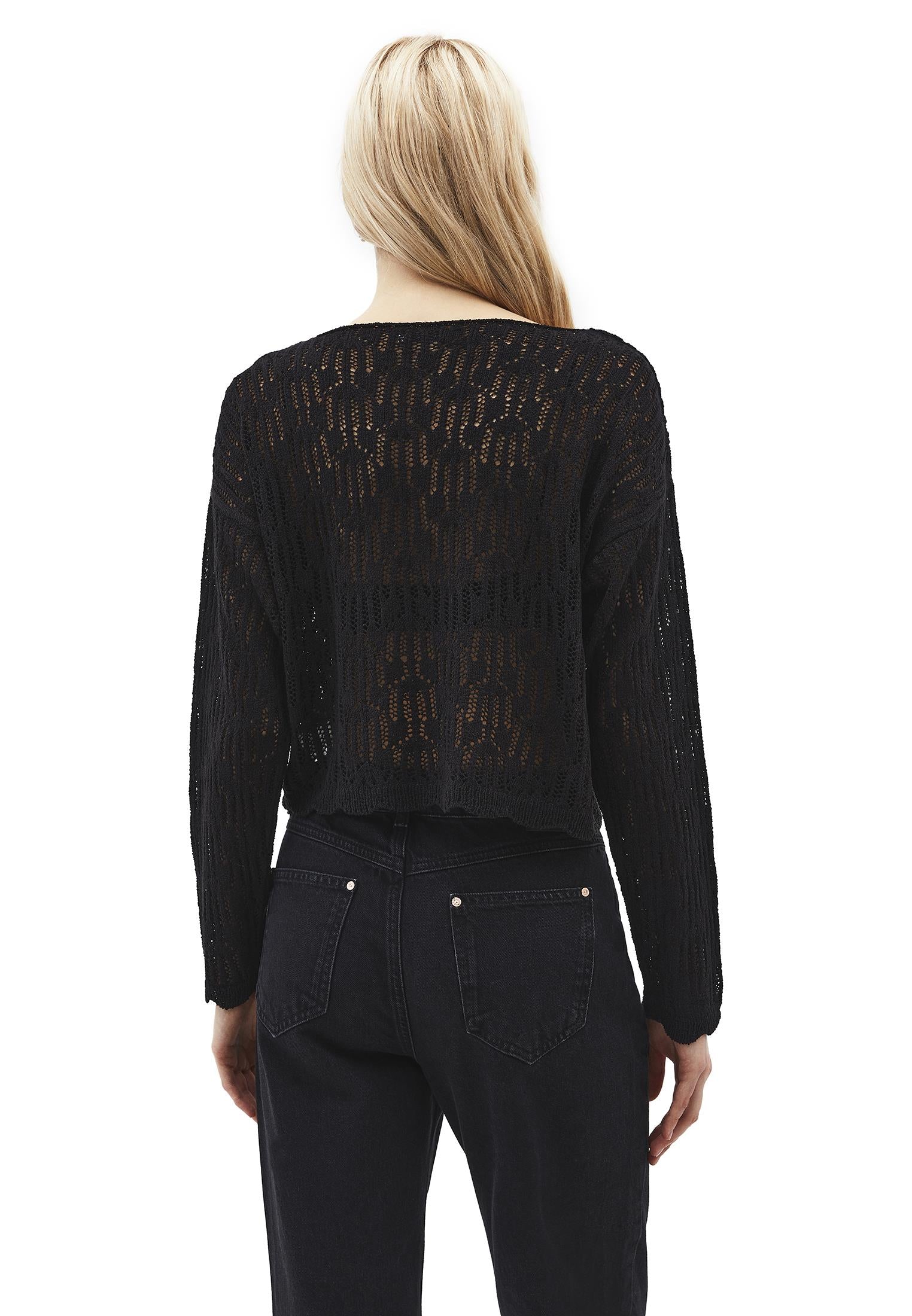 Openwork Boat Neck Sweater - BLACK