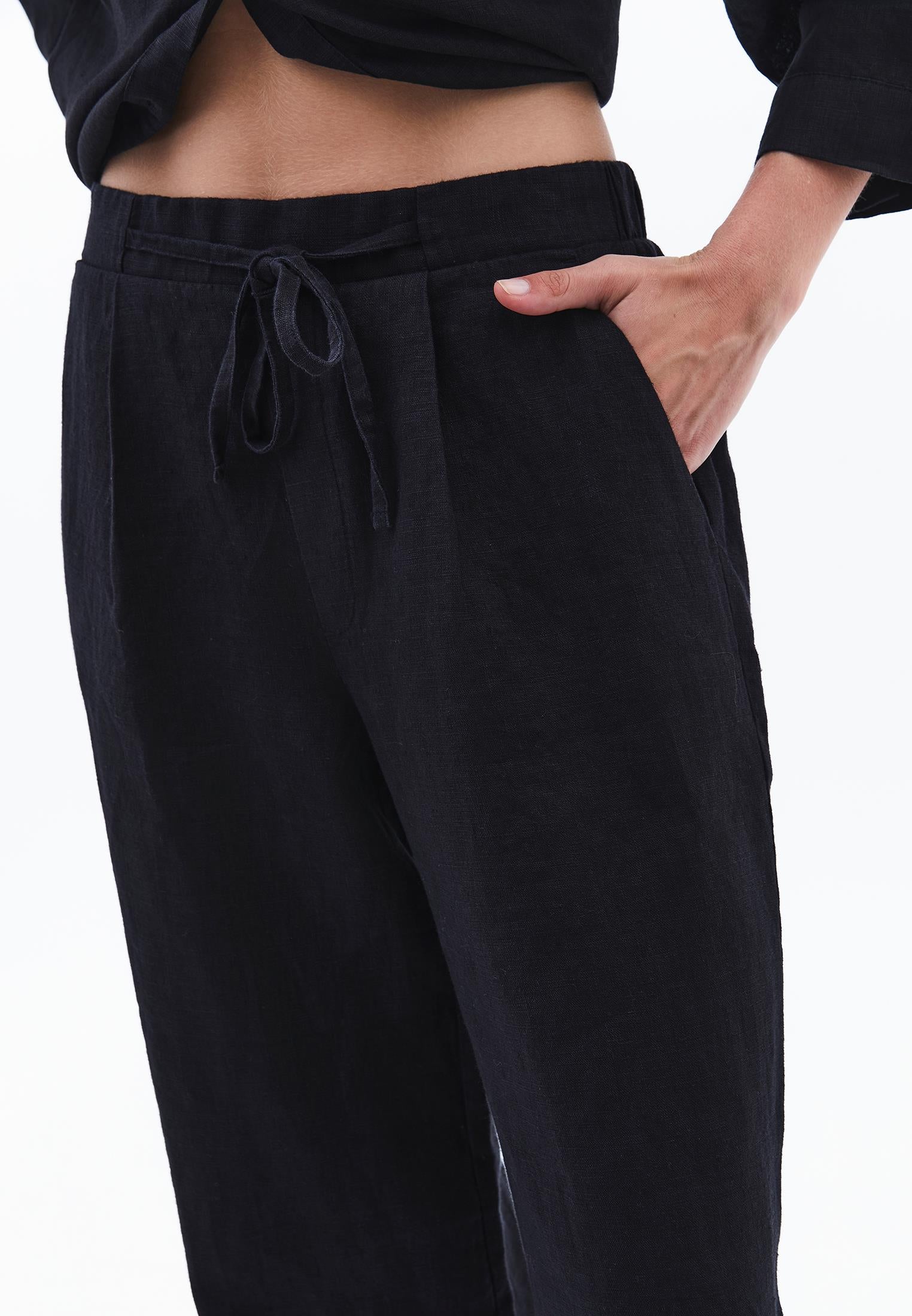 High Waist Belted Linen Wide Leg Pants - BLACK