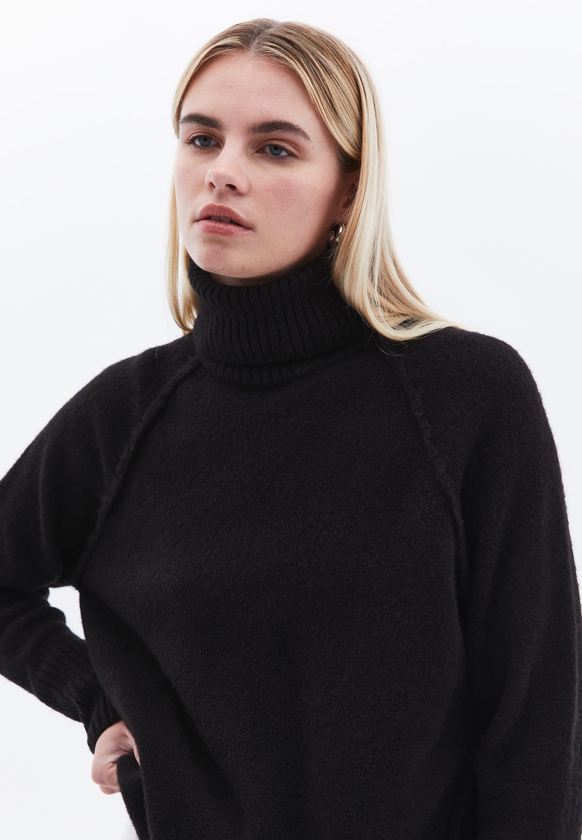 Turtleneck Raglan Sleeve Ribbed Knitwear - BLACK