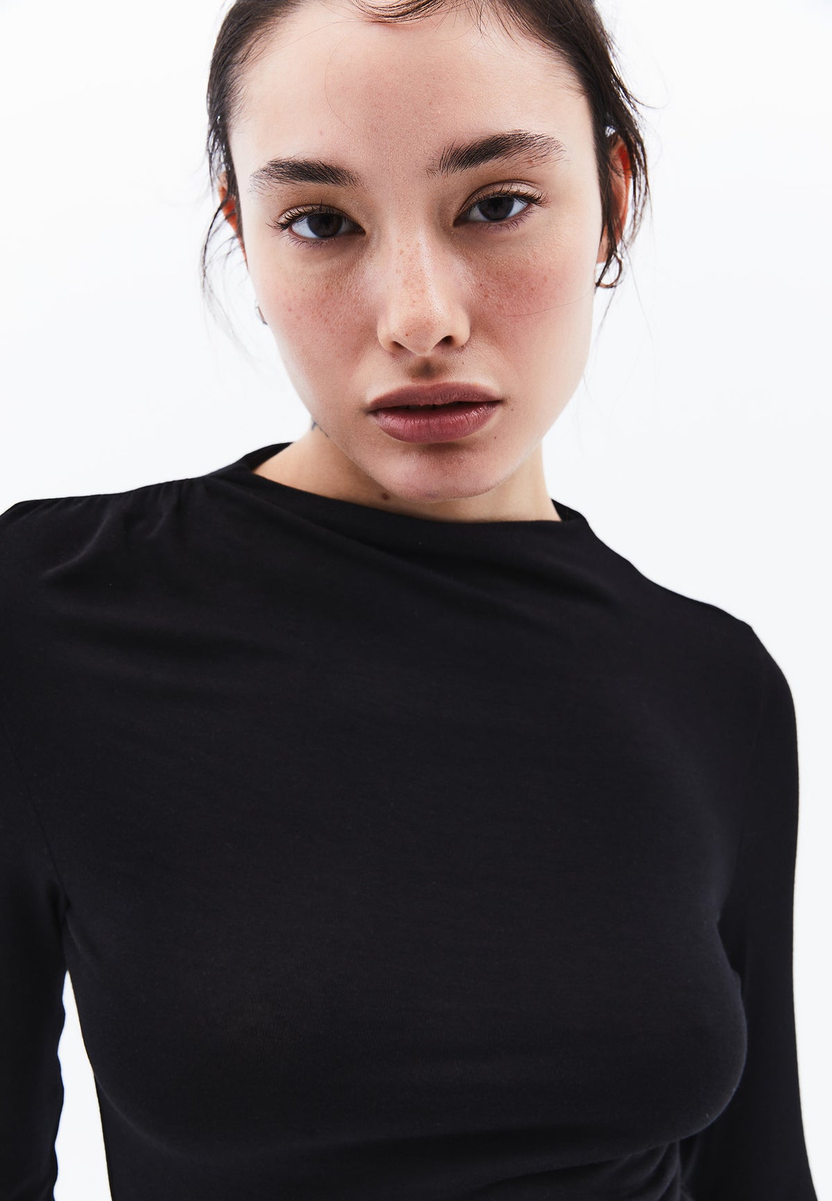 High Neck Ruched Long Sleeve T-Shirt - BLACK